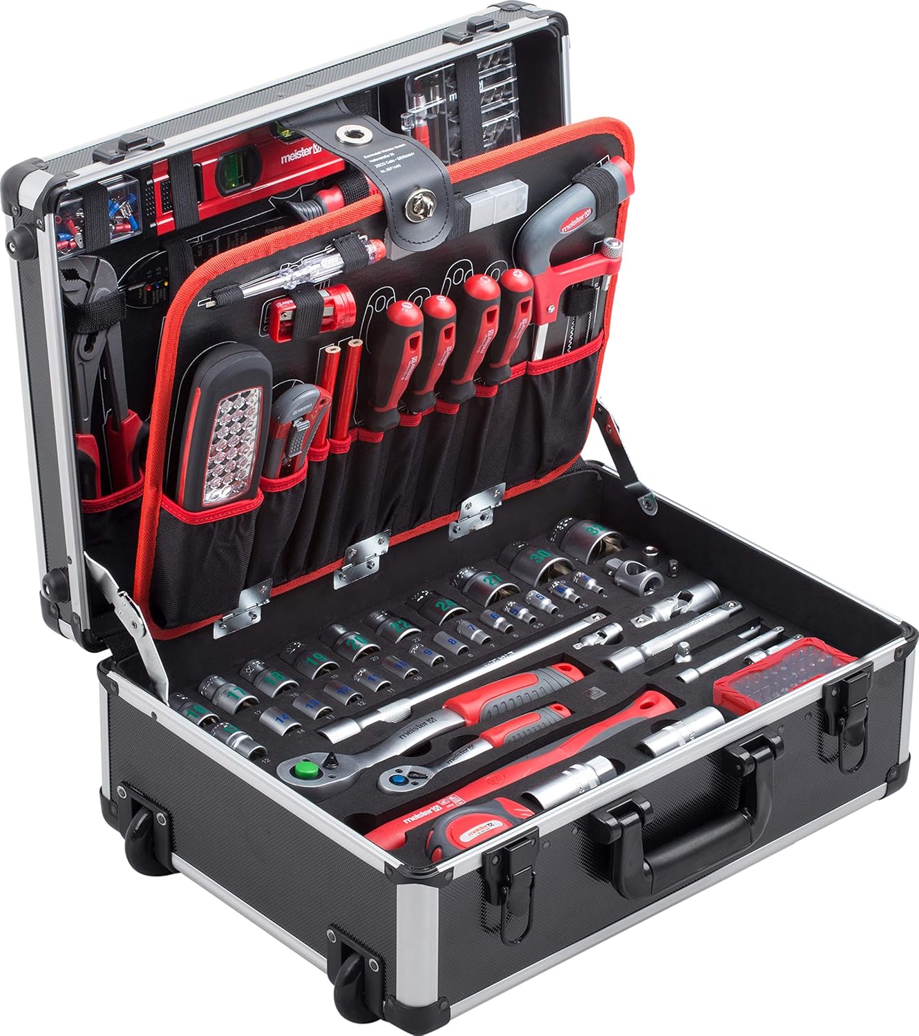 ⚒️ Bau & Montage – Meister tool trolley 156 pieces - tool set - with rollers - telescopic handle / professional tool case filled / tool box mobile on rollers / tool box complete with tools / 8971440