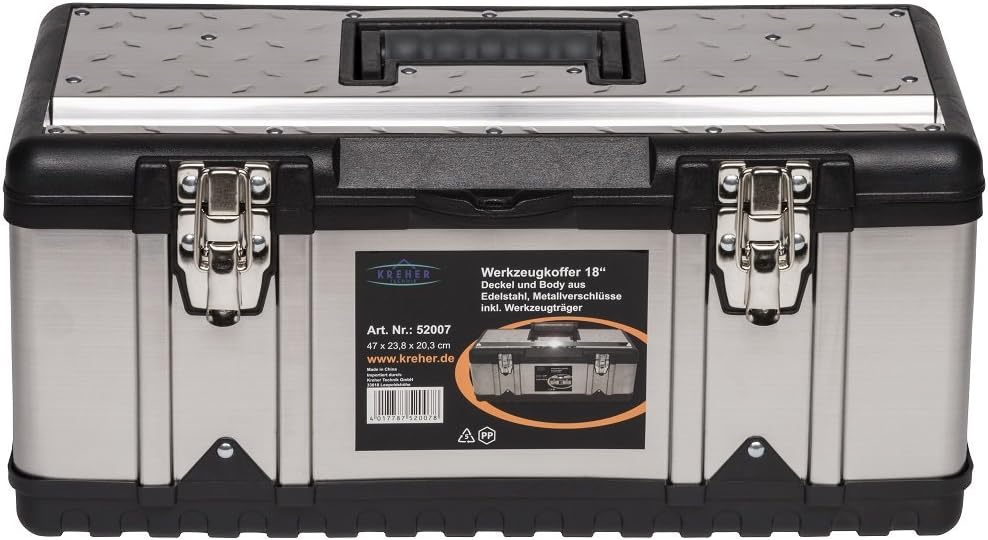 ⚒️ Bau & Montage – XL Professional 18 Edelstahl-Werkzeugkoffer mit robustem Kunststoffrahmen und abnehmbarem Werkzeugträger. Mit Metallschlössern. Abmessungen: 47 x 23,8 x 20,3 cm. – Bild 3
