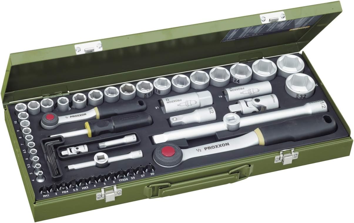 🚗 KFZ & Werkstatt – Proxxon 23040 Socket Spanner Set, Complete Box with 6.3 mm (1/4 Inch) and 12.5 mm (1/2 Inch) Reversible Ratchet Nuts from 4-32 mm, 56-Piece Tool Set, Steel Box