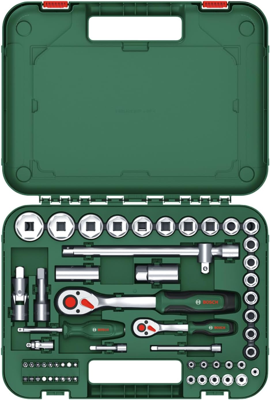 🚗 KFZ & Werkstatt – Bosch Ratschen Set 1/4" + 1/2", 57-teilig (Zwei robuste Ratschen; 55 Zubehöre; Hohes Drehmoment; Verriegelungsknopf; Intuitiver Richtungswechsel; Gebogener Hals; Ergonomischer Softgrip; Tragekoffer) – Bild 6