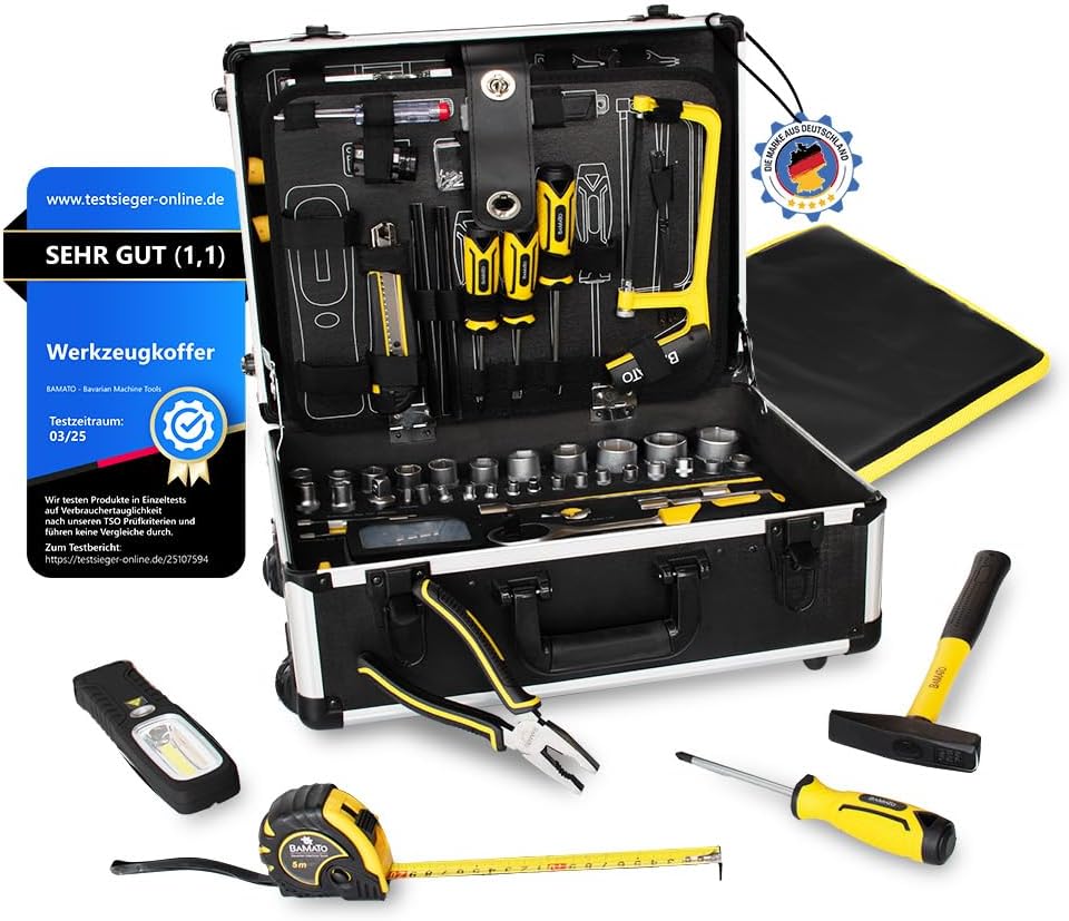 ⚡ Elektro & Technik – BAMATO WORK-193 Werkzeugkasten gefüllt 193-teiliges Werkzeugset | Werkzeugkasten mobil | Werkzeugkoffer komplett mit Werkzeugen für Werkstatt und Haushalt | Teleskopstiel | Koffer mit Rollen