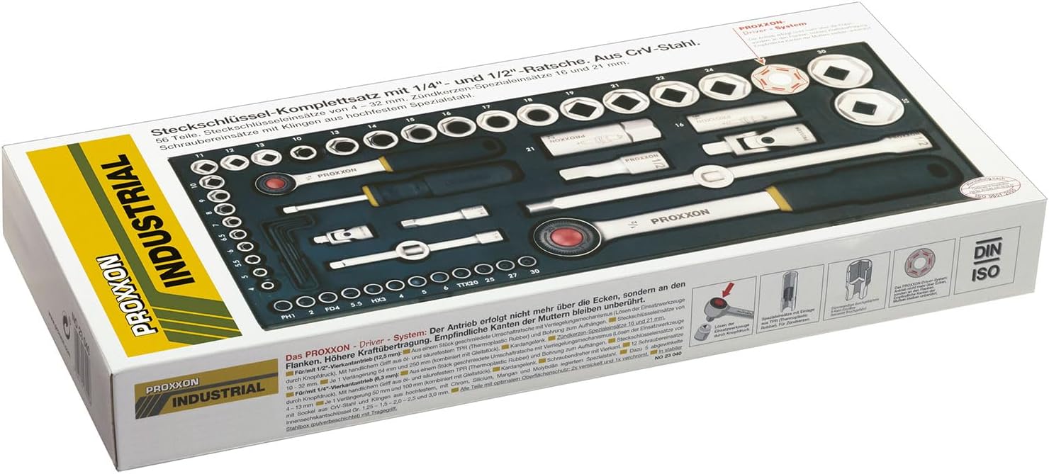 🚗 KFZ & Werkstatt – Proxxon 23040 Socket Spanner Set, Complete Box with 6.3 mm (1/4 Inch) and 12.5 mm (1/2 Inch) Reversible Ratchet Nuts from 4-32 mm, 56-Piece Tool Set, Steel Box – Bild 6