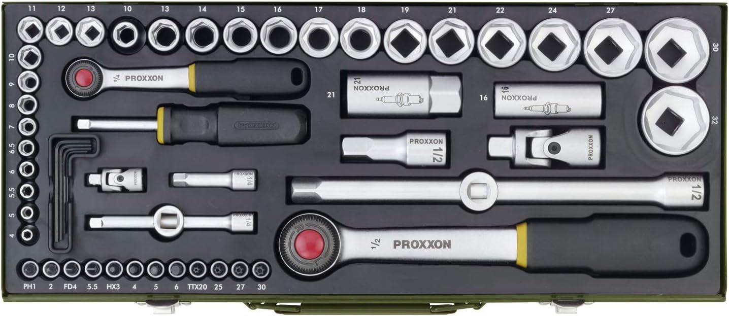 🚗 KFZ & Werkstatt – Proxxon 23040 Socket Spanner Set, Complete Box with 6.3 mm (1/4 Inch) and 12.5 mm (1/2 Inch) Reversible Ratchet Nuts from 4-32 mm, 56-Piece Tool Set, Steel Box – Bild 2