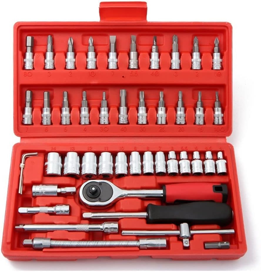 🚗 KFZ & Werkstatt – 46-Piece 1/4 Inch Drive Ratchet Socket Wrench Set, Ratchet Box Ratchet Box Small Includes Metric Bit Sockets and Extension Bars for Working on Bikes and Cars