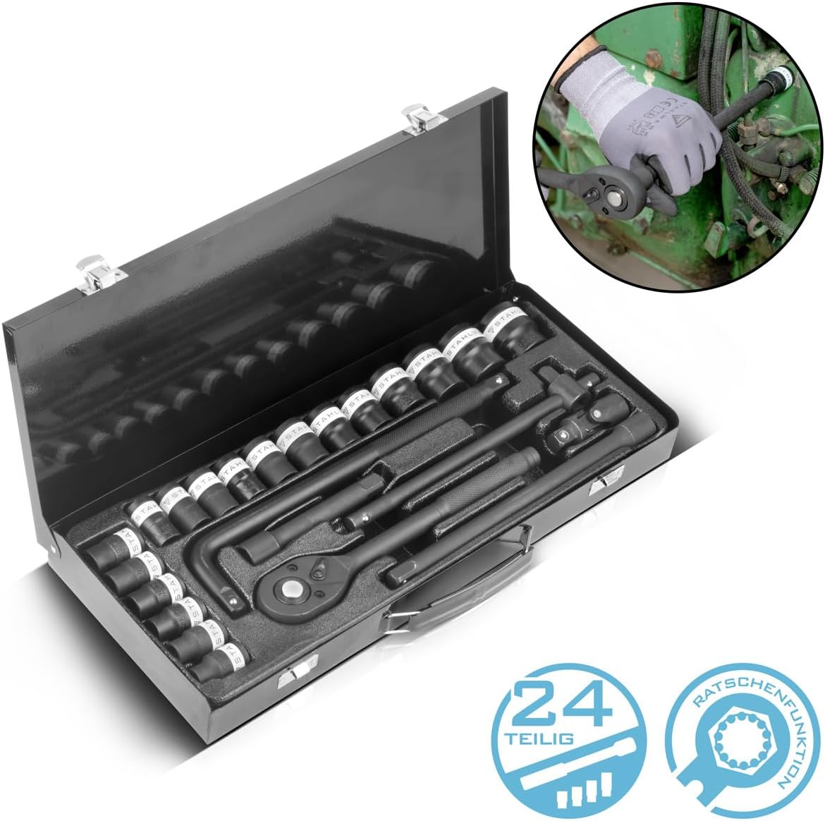🚗 KFZ & Werkstatt – STAHLWERK Socket Spanner Set 24-Piece Ratchet Box | Socket Set | Socket Set | Ratchet Box | Socket Spanner Box with 1/2 Inch Reversible Ratchet, Sockets and Accessories – Bild 2