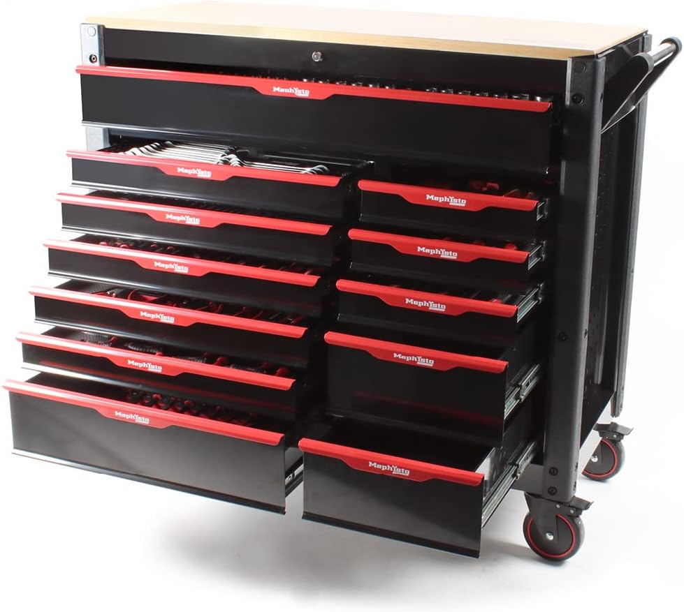 ⚒️ Bau & Montage – Mephisto Pro-Line BIG Werkzeugwagen, Werkstattwagen, gefüllt mit 12 Schubladen, davon 11 inklusive Werkzeug wie VDE-Schraubendreher, Ratsche mit Nussbox, Schraubendrehersatz in Soft-Einlagen im Carbon-Lock – Bild 3