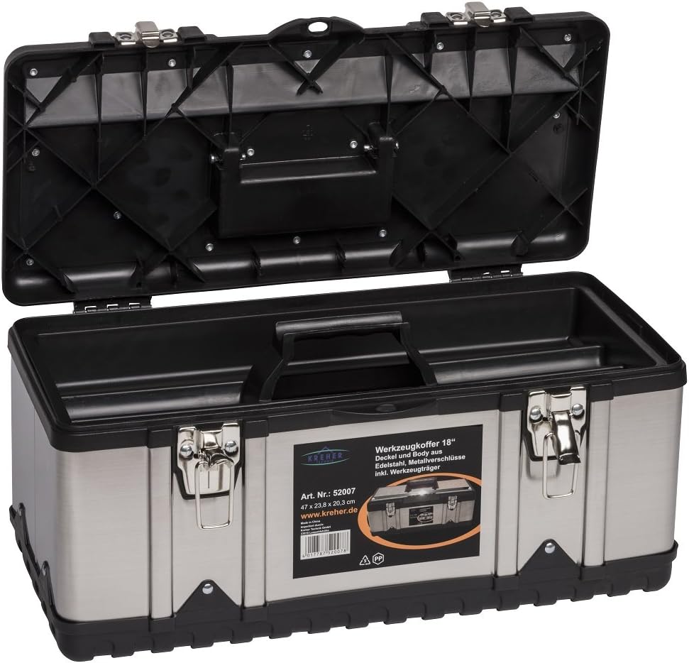 ⚒️ Bau & Montage – XL Professional 18 Edelstahl-Werkzeugkoffer mit robustem Kunststoffrahmen und abnehmbarem Werkzeugträger. Mit Metallschlössern. Abmessungen: 47 x 23,8 x 20,3 cm. – Bild 2