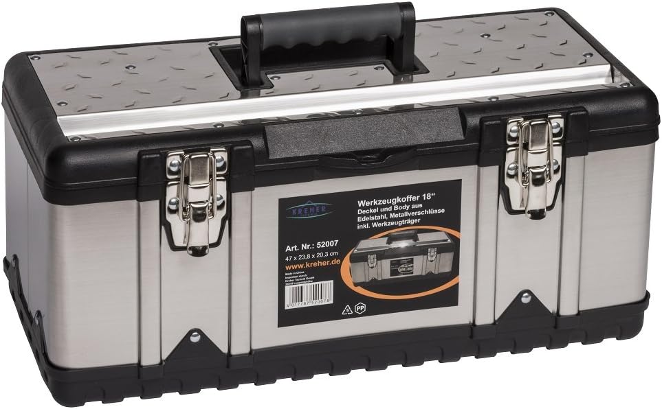 ⚒️ Bau & Montage – XL Professional 18 Edelstahl-Werkzeugkoffer mit robustem Kunststoffrahmen und abnehmbarem Werkzeugträger. Mit Metallschlössern. Abmessungen: 47 x 23,8 x 20,3 cm.