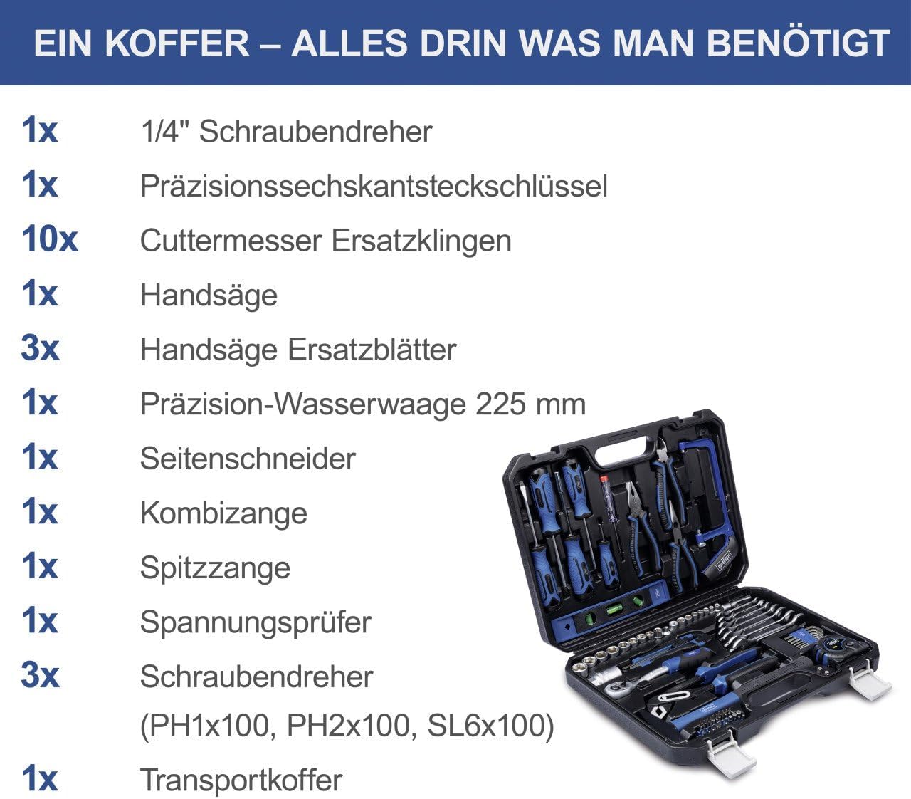 ⚡ Elektro & Technik – Scheppach Werkzeugkoffer WZK120 | 97-teiliges Werkzeugset im stabilen Kunststoffkoffer | Werkzeuge mit gummiertem Griff | Biteinsätze, Schraubendreher, Innensechskant-Steckschlüsseleinsätze und vieles mehr – Bild 3