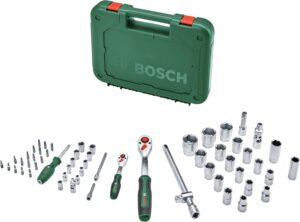 🚗 KFZ & Werkstatt – Bosch Ratschen Set 1/4" + 1/2", 57-teilig (Zwei robuste Ratschen; 55 Zubehöre; Hohes Drehmoment; Verriegelungsknopf; Intuitiver Richtungswechsel; Gebogener Hals; Ergonomischer Softgrip; Tragekoffer)
