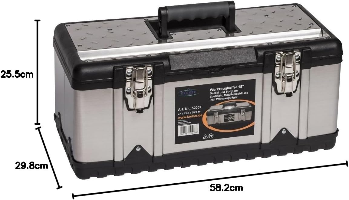 ⚒️ Bau & Montage – XL Professional 18 Edelstahl-Werkzeugkoffer mit robustem Kunststoffrahmen und abnehmbarem Werkzeugträger. Mit Metallschlössern. Abmessungen: 47 x 23,8 x 20,3 cm. – Bild 7