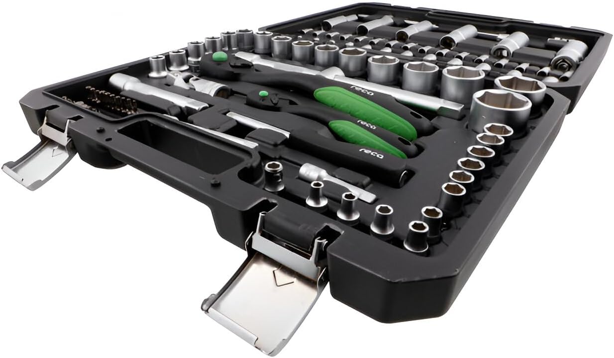🚗 KFZ & Werkstatt – RECA Socket Spanner Set 93 Pieces ECO 1/2 Inch and 1/4 Inch Ratchet Case Tool Box Chrome Vanadium Fine-Toothed Ratchets Lockable Case – Bild 3