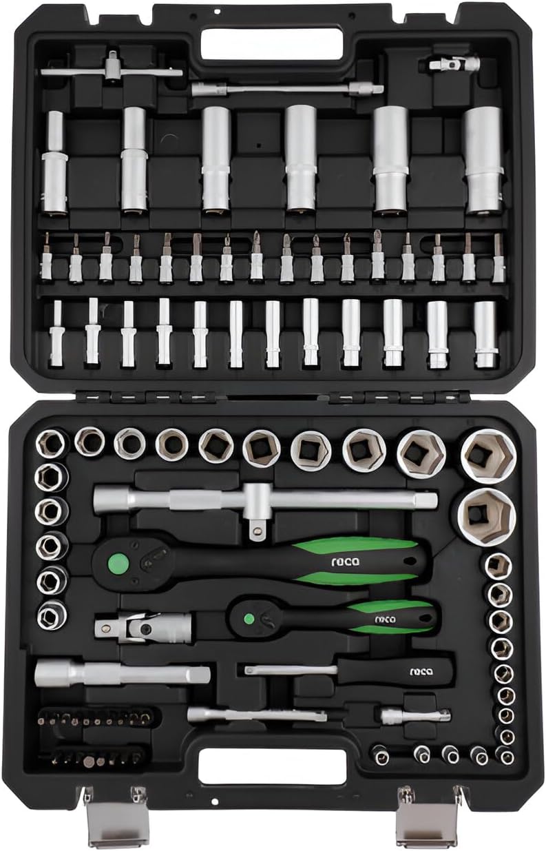 🚗 KFZ & Werkstatt – RECA Socket Spanner Set 93 Pieces ECO 1/2 Inch and 1/4 Inch Ratchet Case Tool Box Chrome Vanadium Fine-Toothed Ratchets Lockable Case