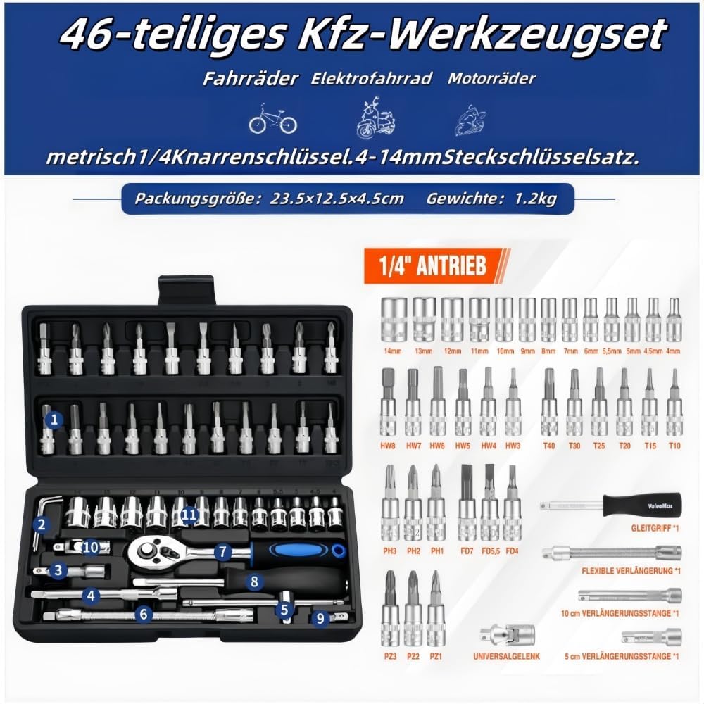 🚗 KFZ & Werkstatt – Socket Spanner Sets 46-Piece Tool Box 1/4 Inch Hex Set with Ratchet and Adapter Tool Bit Set, Socket Spanner and Bit Set Ratchet Box for Car – Bild 6