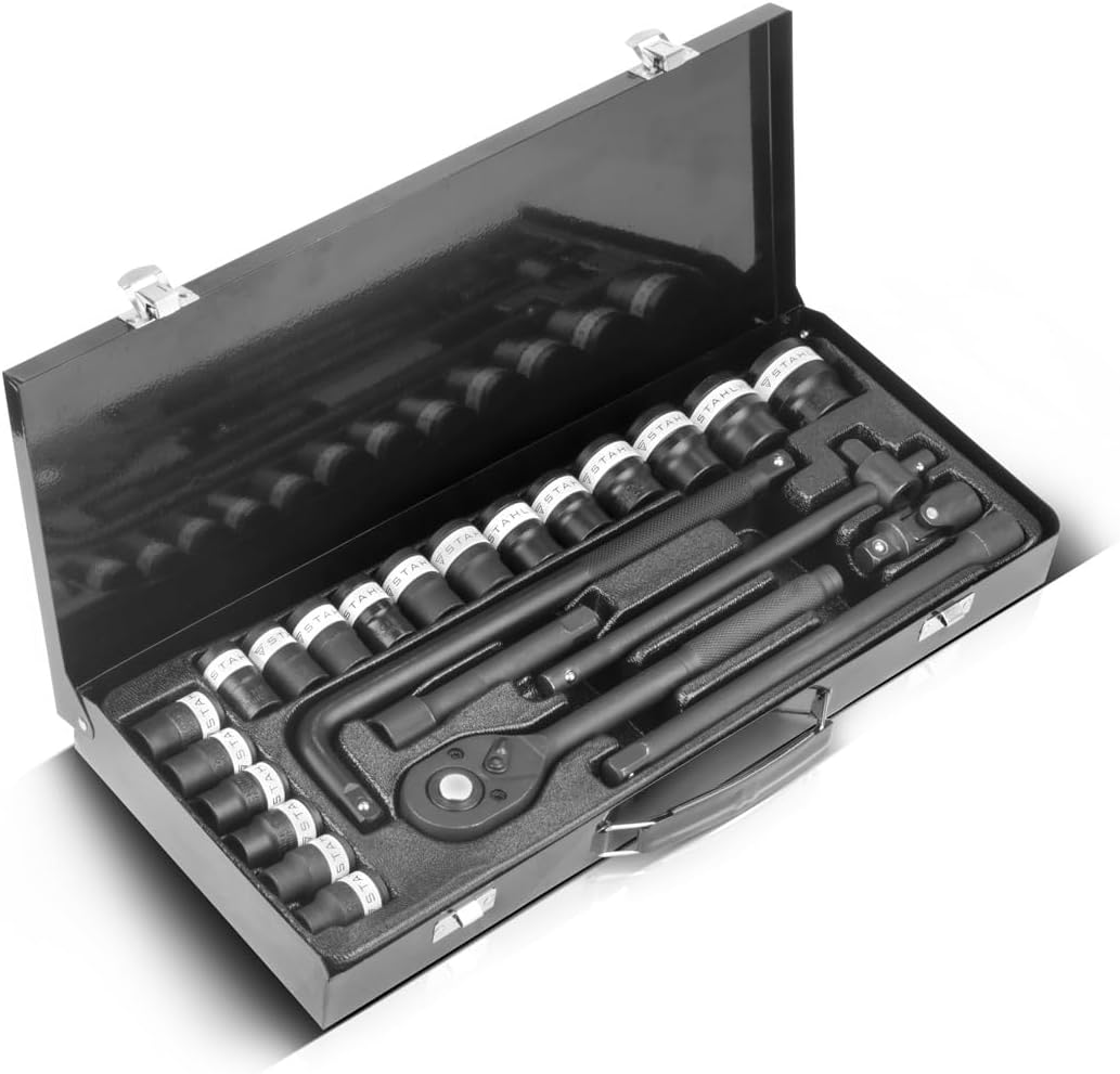 🚗 KFZ & Werkstatt – STAHLWERK Socket Spanner Set 24-Piece Ratchet Box | Socket Set | Socket Set | Ratchet Box | Socket Spanner Box with 1/2 Inch Reversible Ratchet, Sockets and Accessories