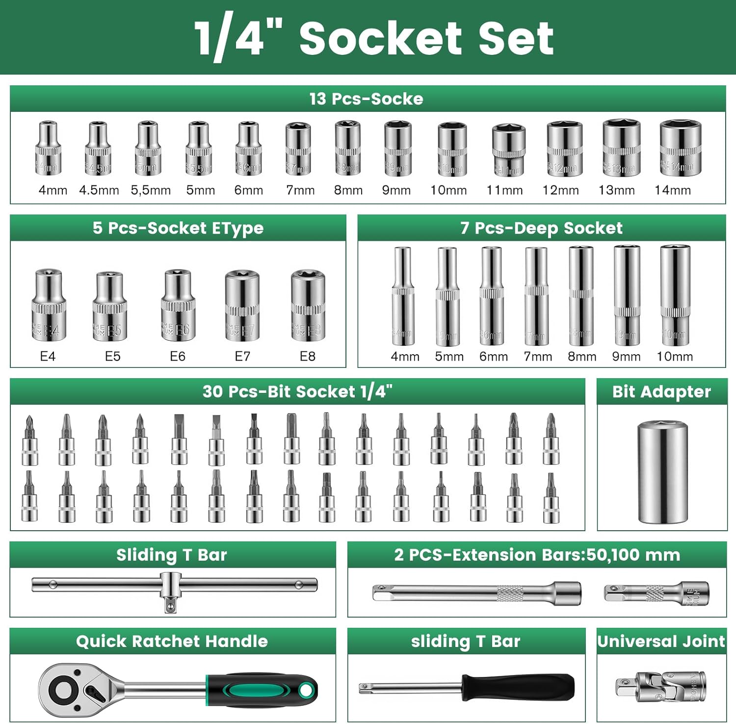 🚗 KFZ & Werkstatt – Ginour 202-piece socket spanner set, ratchet box with 1/4 inch, 3/8 inch, 1/2 inch reversible ratchet, socket wrench, bits, hex wrenches, extensions and adapters – Bild 8