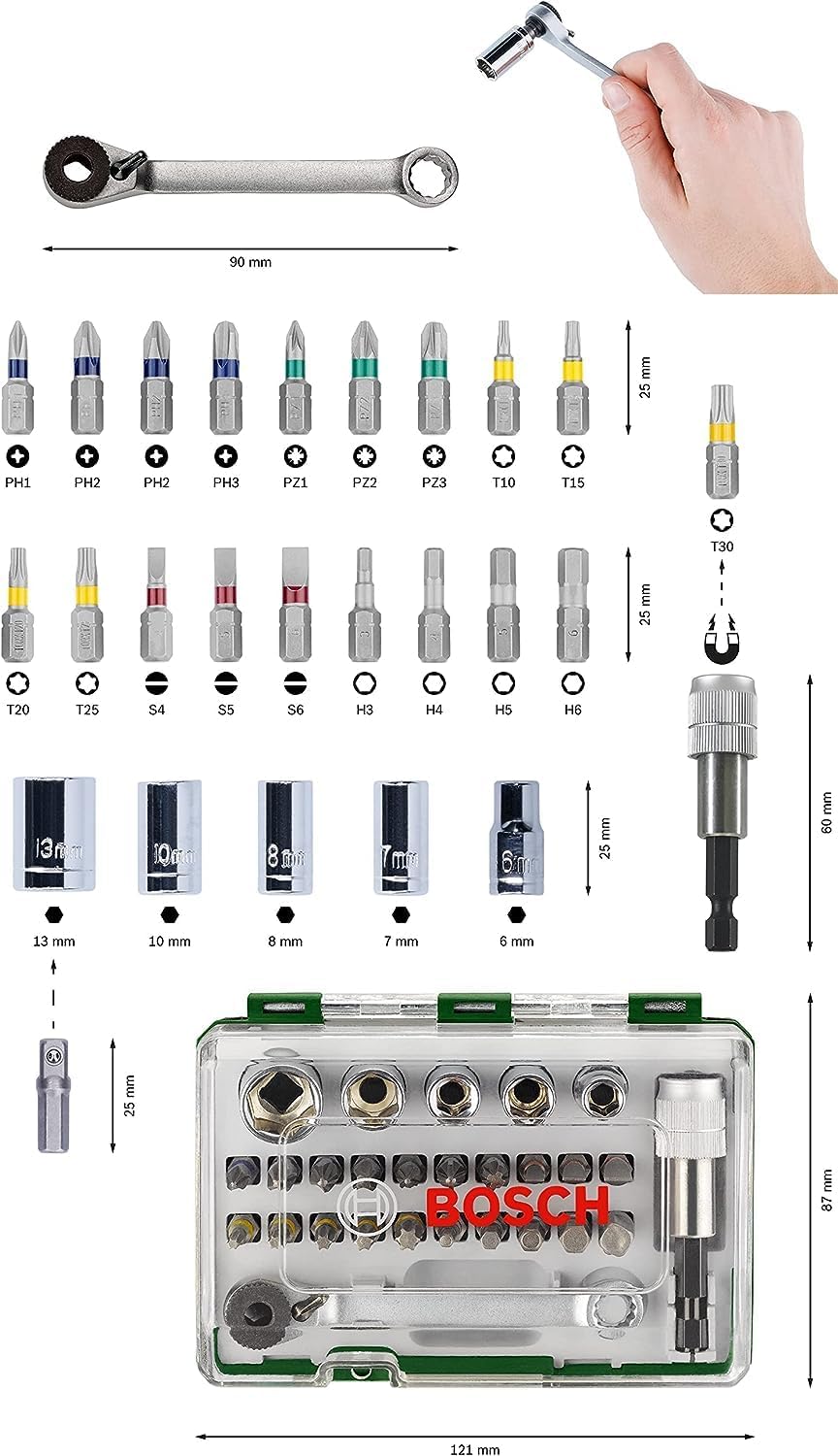 🚗 KFZ & Werkstatt – Bosch 27-Piece Screwdriver Bit and Ratchet Set (PH, PZ, Hex, T, S-Bit, Accessories Drill and Screwdriver) – Bild 3