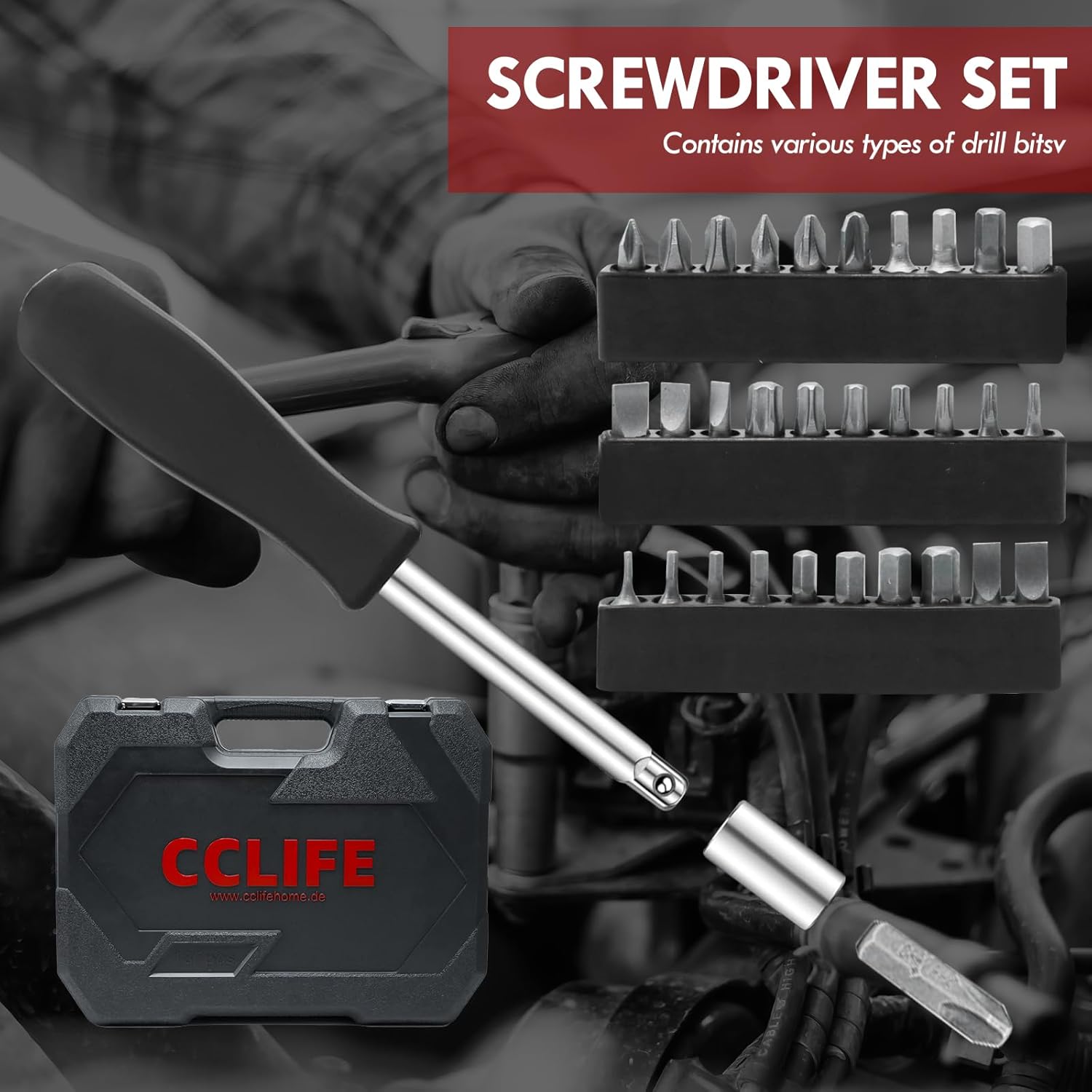 🚗 KFZ & Werkstatt – CCLIFE 187-Piece Socket Spanner Set Cr-V Ratchet Case Tool Case 72 Teeth 1/2 Inch 1/4 Inch 3/8 Inch Hexagonal Socket Spanner Insert Torx Slotted Phillips Pozidrive Bit Socket Spanner Inserts – Bild 4