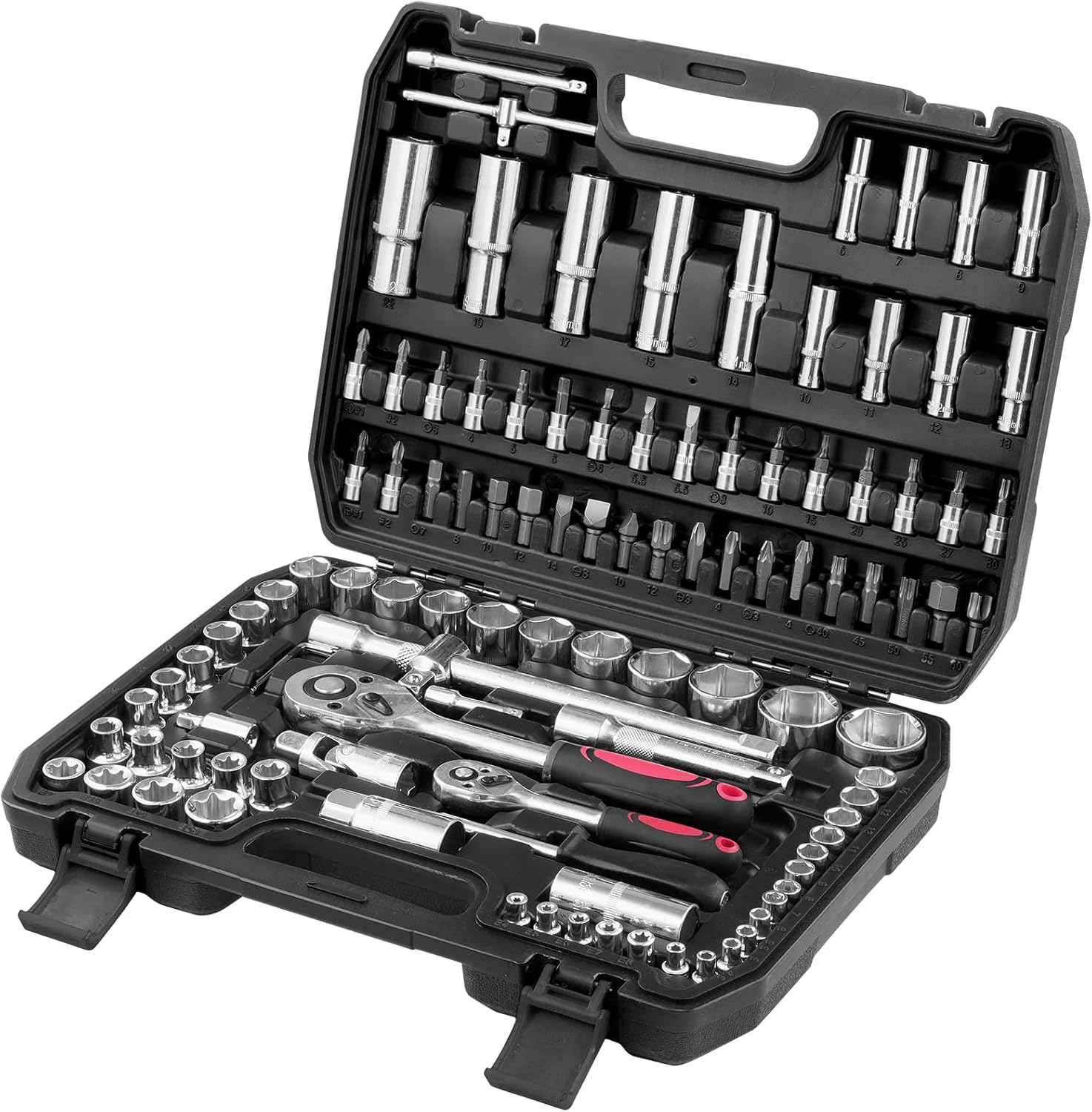 🚗 KFZ & Werkstatt – Socket Spanner Set, 108 Pieces, Ratchet Spanner Set, Ratchet Box, Ratchet Box, Large Socket Spanner Set with 1/2 Inch and 1/4 Inch Reversible Ratchet, Extensions, Bits, Sockets