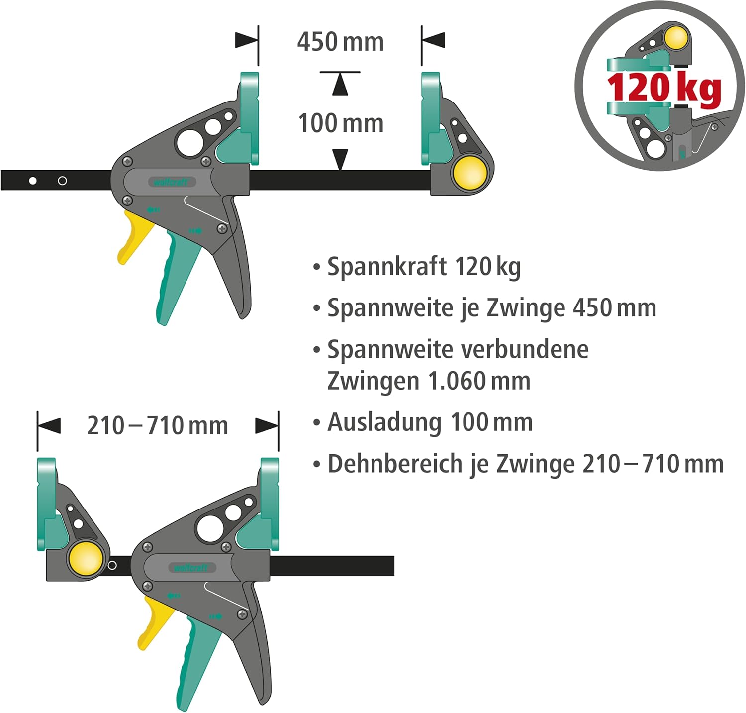 🔥 Angebote & Aktionen – wolfcraft XL 8624000 Single-Handed Clamps Set Flexible Spans of up to 1060 mm Clamping Force 120 kg 2 One-Handed Clamps PRO L + Connector – Bild 4
