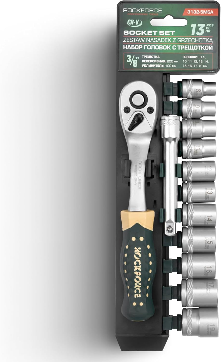 🚗 KFZ & Werkstatt – ROCKFORCE Socket Spanner Set 3/8 Inch, 13-Piece - Ratchet Extension, 11 Nuts 8-19 mm - Professional Tool Set for Car, Motorcycle, Bike, Home & Workshop - Chrome Vanadium Steel in Case