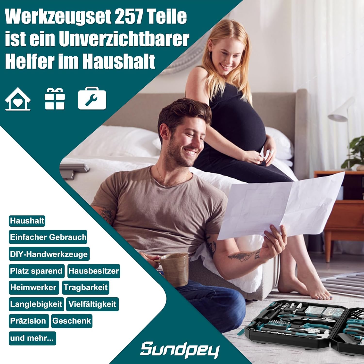 🔥 Angebote & Aktionen – Sundpey 257-Piece Filled Tool Box - Universal Hand Tool Set with Ratchet and Socket Wrench, Portable Complete Tool Box in Blue – Bild 7