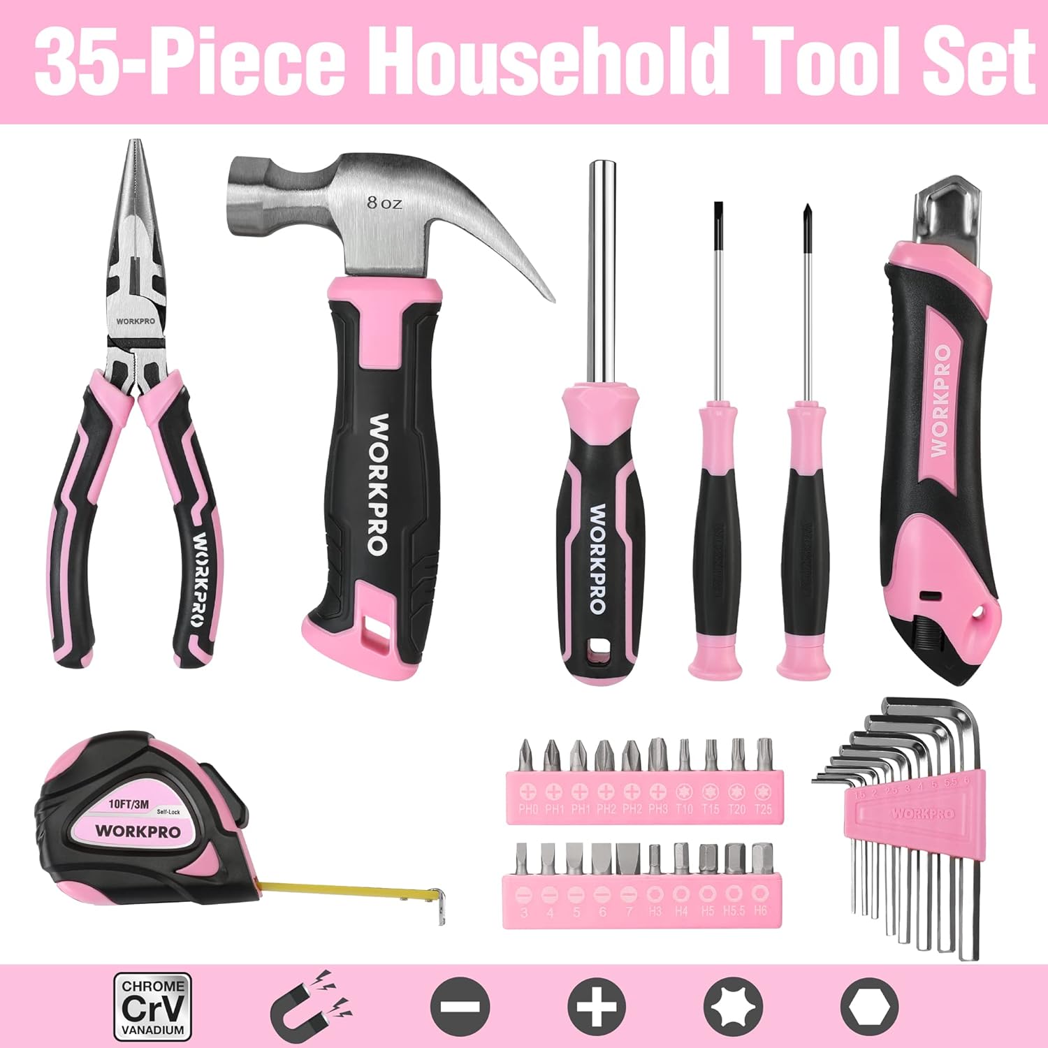 🔥 Angebote & Aktionen – WORKPRO Tool Set 35 Pieces Pink Tool Set, Tool Box, Equipped, Daily Tools, with Screwdriver, Pliers, Tape Measure, Allen Key for Home Supplies, Gift for DIY Beginners – Bild 2