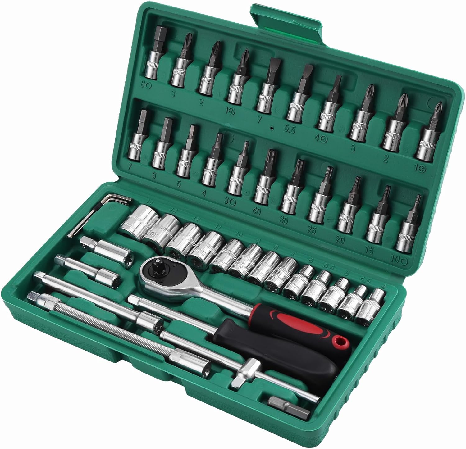 🚗 KFZ & Werkstatt – 46-Piece Socket Spanner Set Ratchet Box 1/4 Inch Drive Metic Socket Spanner and Bit Set Ratchet Set with Quick Release Ratchet Wrench, Extension Bars for Car Bicycle Motor