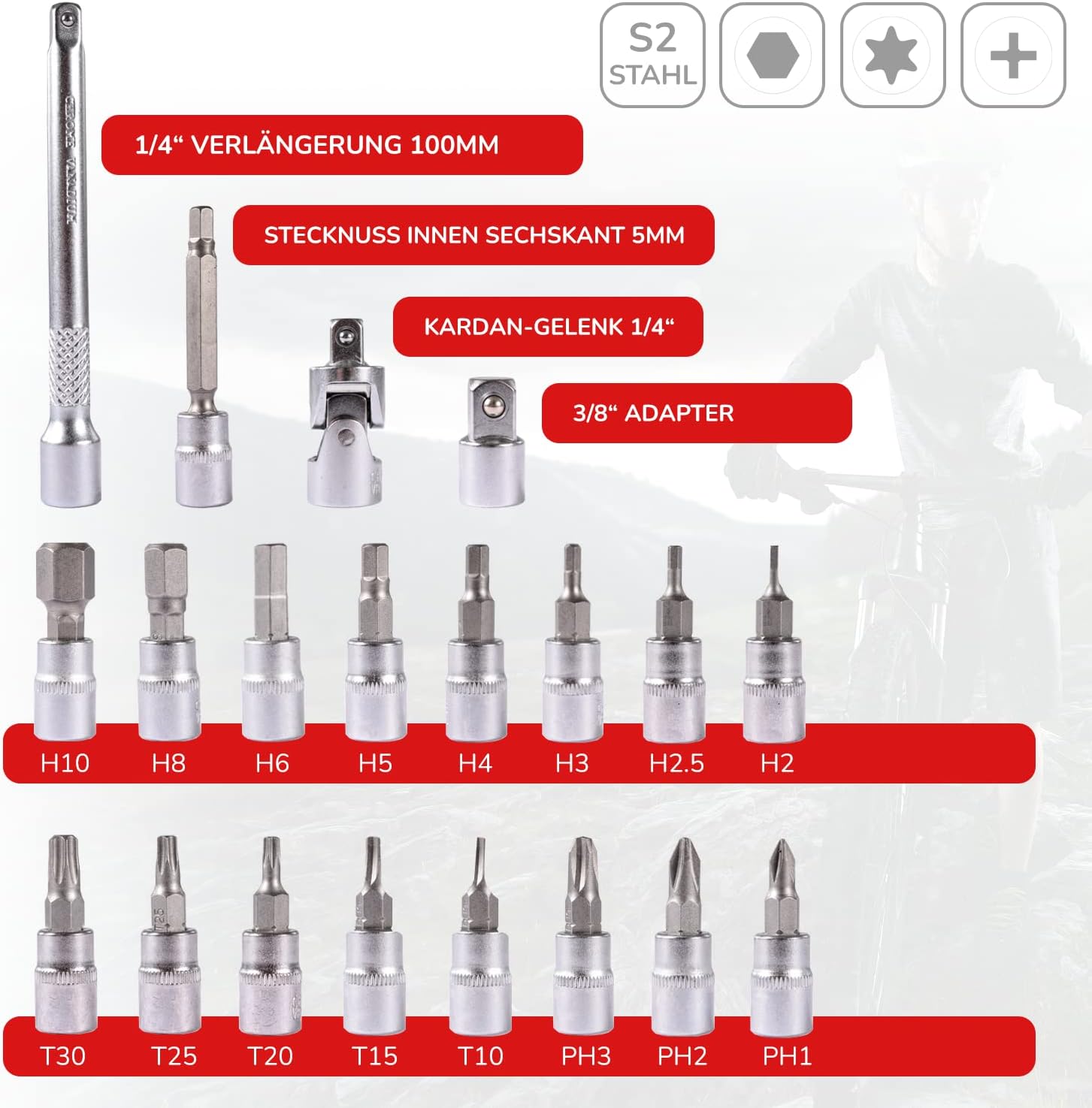 🚗 KFZ & Werkstatt – BELKO Torque Wrench 1/4 Inch, 5-30 Nm, Reversible Ratchet, Ratchet Box, Bicycle & Motorcycle, Includes 3/8 Inch Adapter, Hexagon Socket, Torx, Phillips Bits, Extension and Much More, Set of 22 – Bild 6