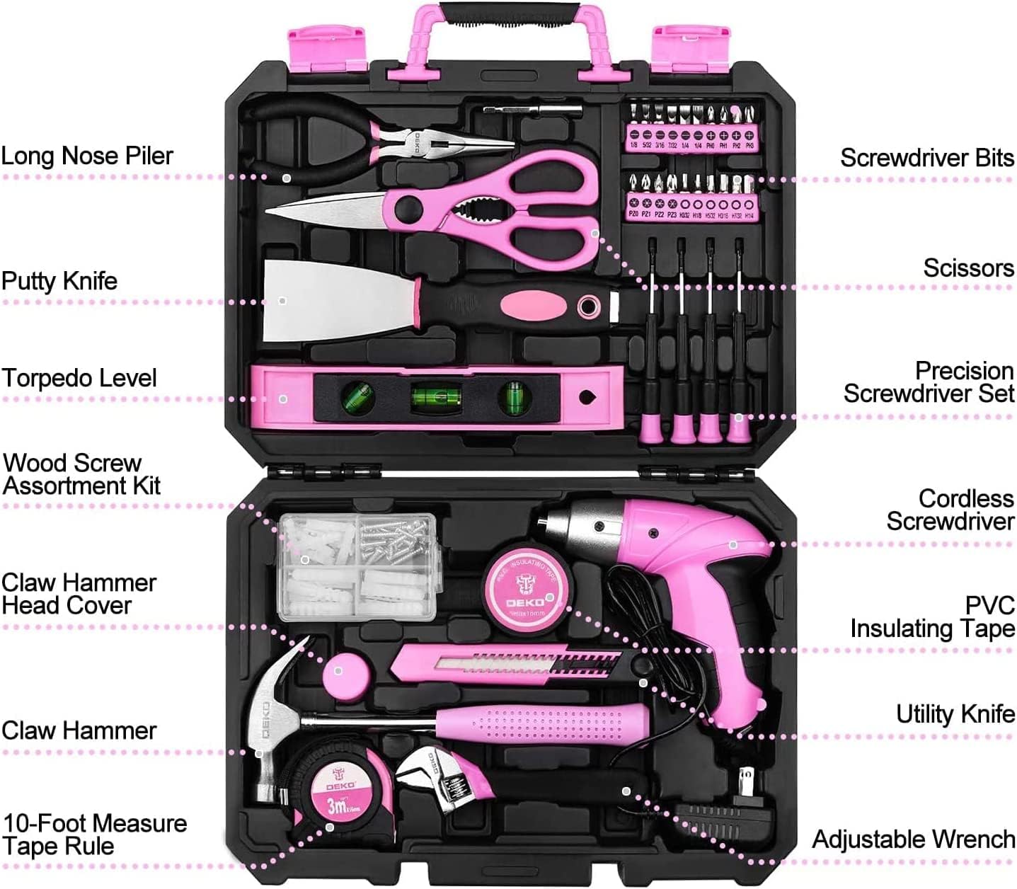 ⚒️ Bau & Montage – DEKO Werkzeugkasten rosa 98-teilig mit wiederaufladbarem 3,6-V-Akkuschrauber. Komplettset aus Haus-, Büro- und Werkstattwartung, Hardware- und Heimwerker-Werkzeugset – Bild 2