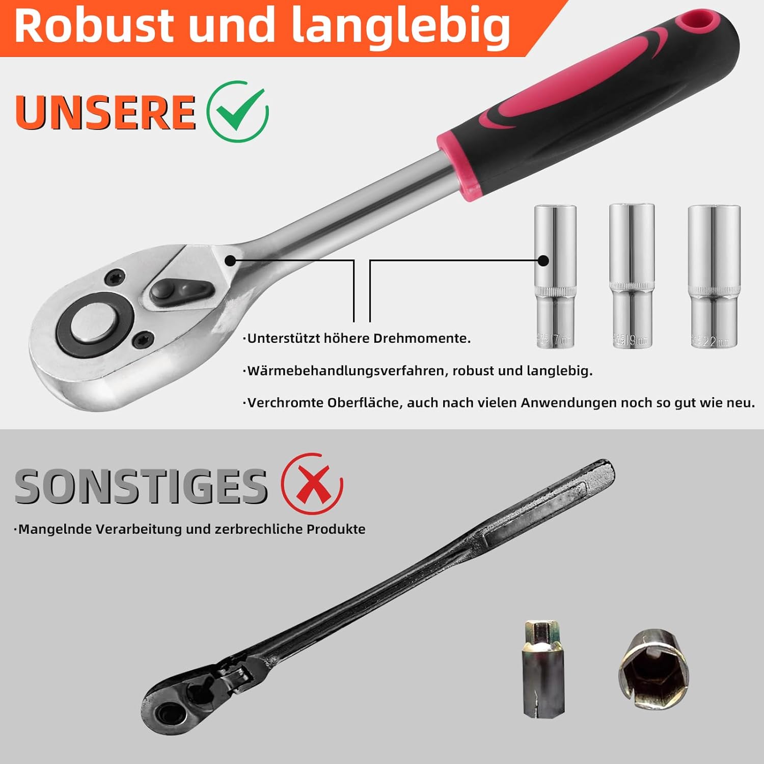 🚗 KFZ & Werkstatt – Socket Spanner Set, 108 Pieces, Ratchet Spanner Set, Ratchet Box, Ratchet Box, Large Socket Spanner Set with 1/2 Inch and 1/4 Inch Reversible Ratchet, Extensions, Bits, Sockets – Bild 4