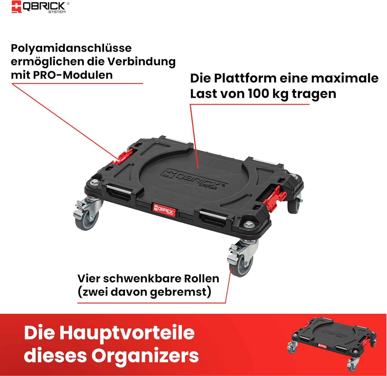 🔥 Angebote & Aktionen – Qbrick System Transport Roller Board Transport Board 100 kg Load Capacity Pro Transport Platform Black Red 506 x 325 x 140 mm – Bild 4