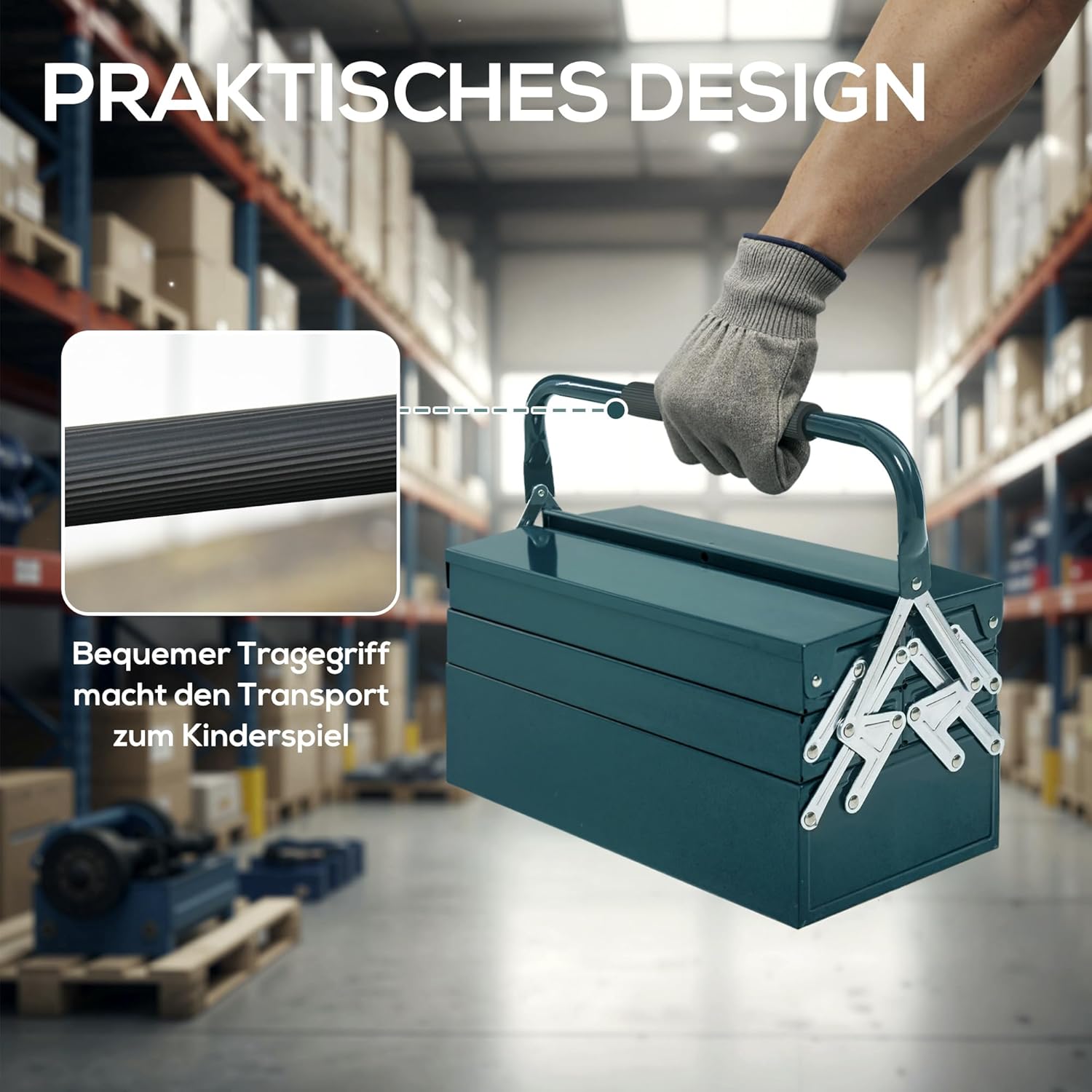 ⚒️ Bau & Montage – DURHAND Werkzeugkoffer, Montagekoffer, Werkzeugkasten, leer, platzsparend, mit 5 Fächern, aufklappbar, aus stabilem Stahl (SPCC), dunkelgrün, 45 x 20 x 34,5 cm – Bild 3