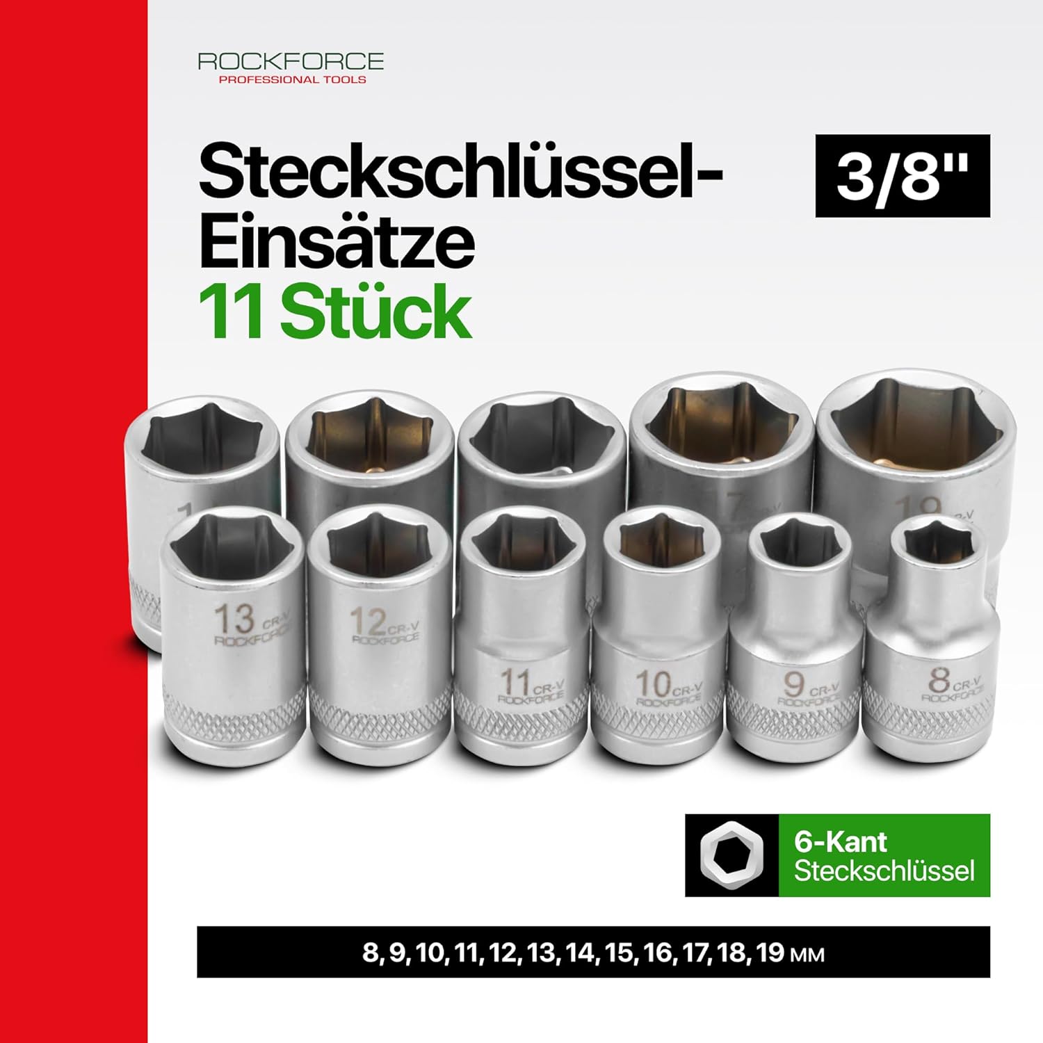 🚗 KFZ & Werkstatt – ROCKFORCE Socket Spanner Set 3/8 Inch, 13-Piece - Ratchet Extension, 11 Nuts 8-19 mm - Professional Tool Set for Car, Motorcycle, Bike, Home & Workshop - Chrome Vanadium Steel in Case – Bild 3