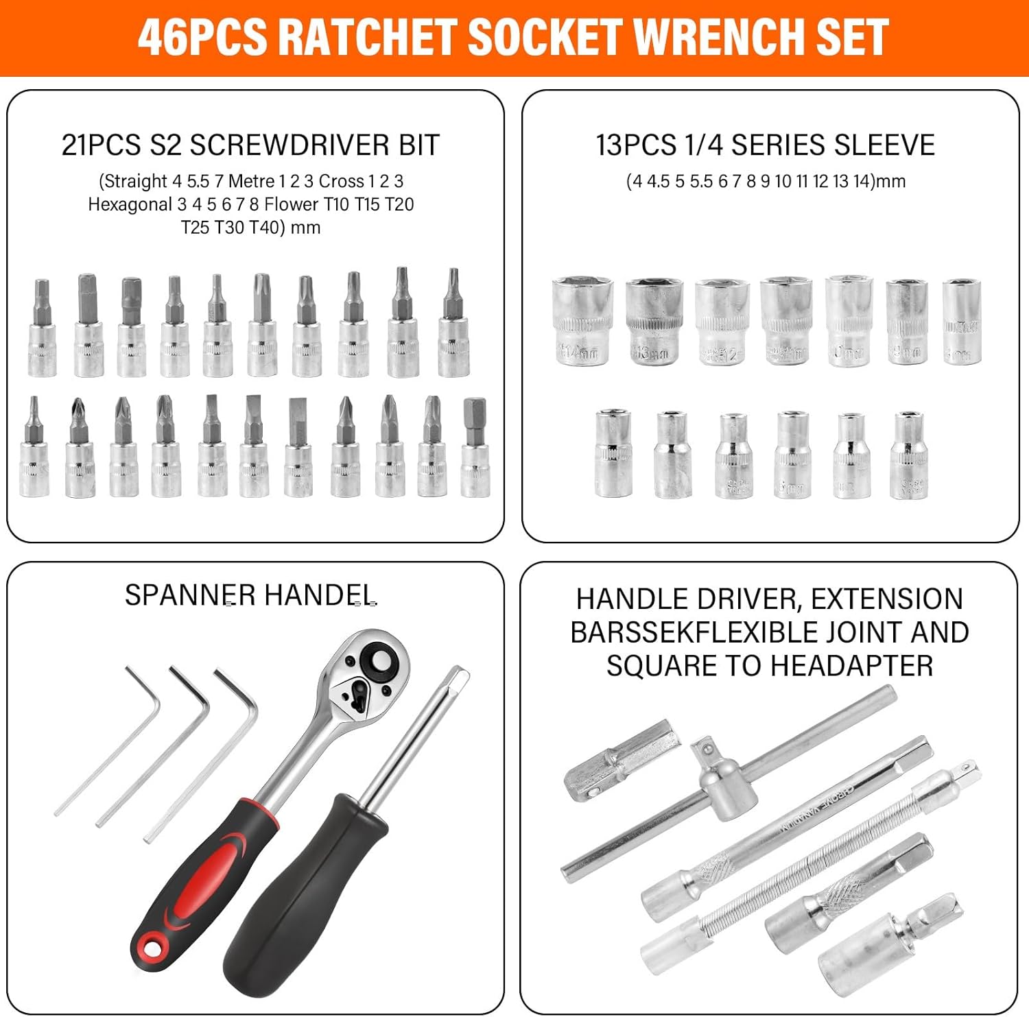 🚗 KFZ & Werkstatt – 46-Piece Socket Spanner Set Ratchet Box 1/4 Inch Drive Metic Socket Spanner and Bit Set Ratchet Set with Quick Release Ratchet Wrench, Extension Bars for Car Bicycle Motor – Bild 6