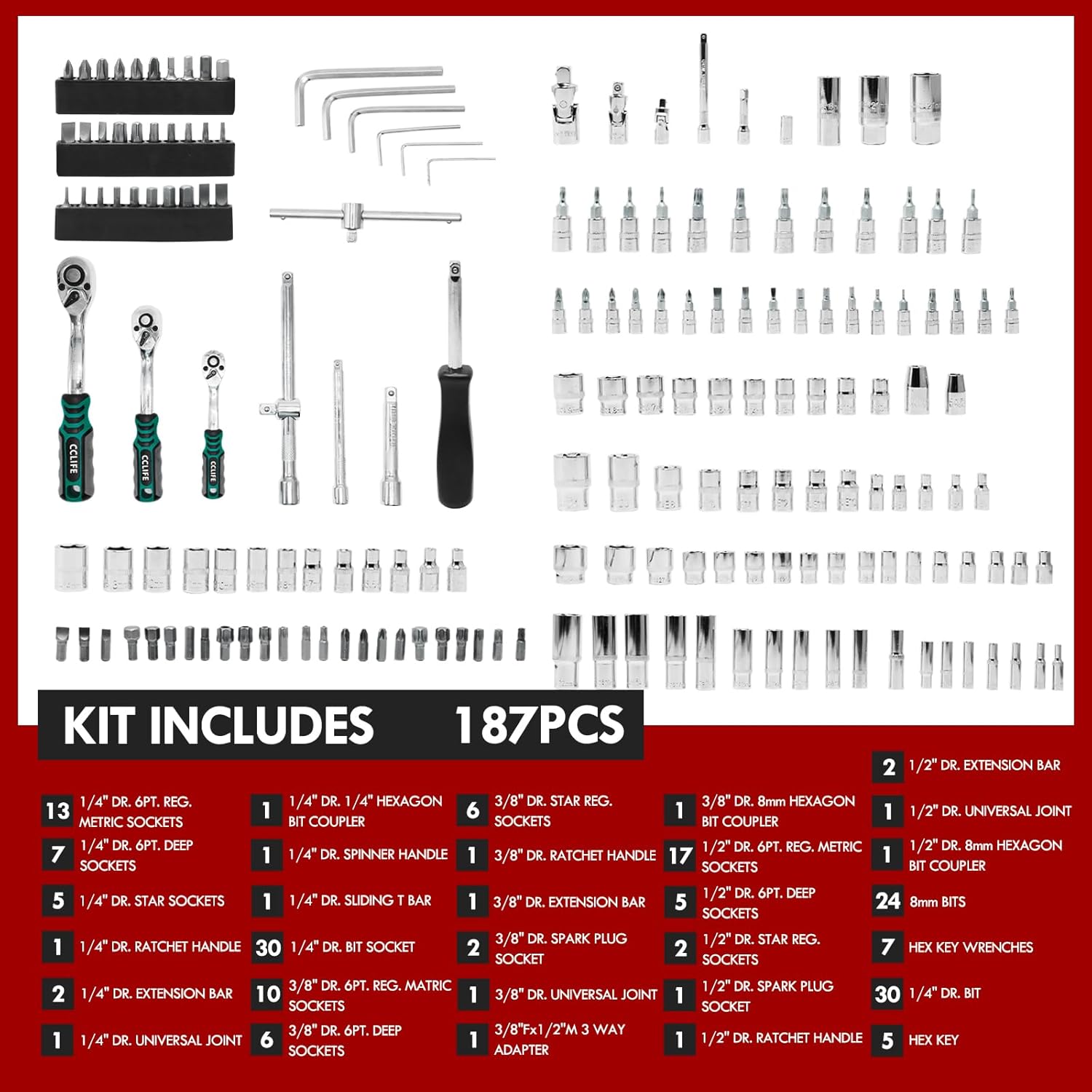 🚗 KFZ & Werkstatt – CCLIFE 187-Piece Socket Spanner Set Cr-V Ratchet Case Tool Case 72 Teeth 1/2 Inch 1/4 Inch 3/8 Inch Hexagonal Socket Spanner Insert Torx Slotted Phillips Pozidrive Bit Socket Spanner Inserts – Bild 2