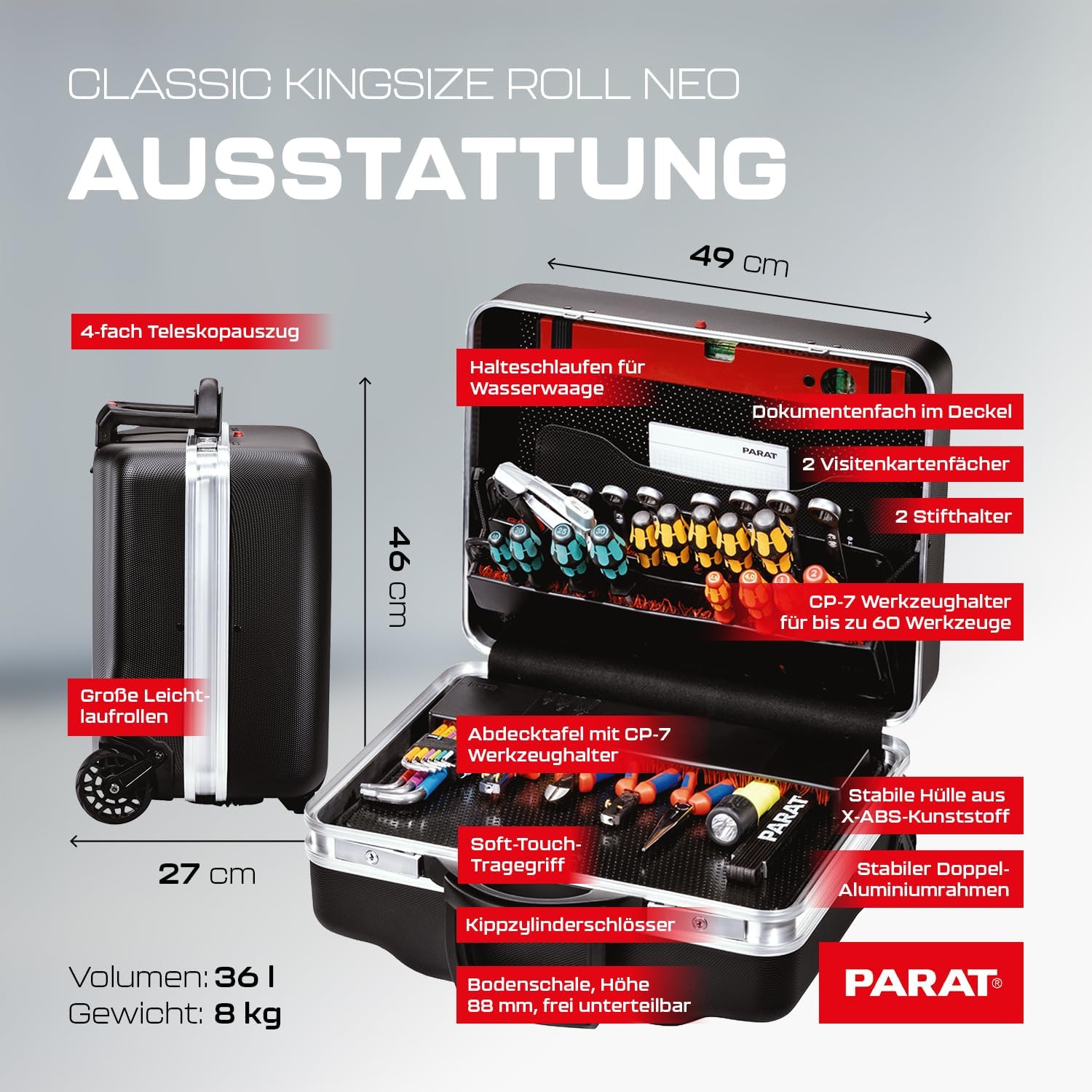⚡ Elektro & Technik – PARAT Classic KingSize Roll neo CP-7 | Werkzeugkoffer für 60 Werkzeuge | Inklusive Basic Roll-Up Case 8 | Rollkoffer mit CP-7-Halterungen | Bodenablage und Dokumentenfach | mit Teleskopschublade und Rädern – Bild 7