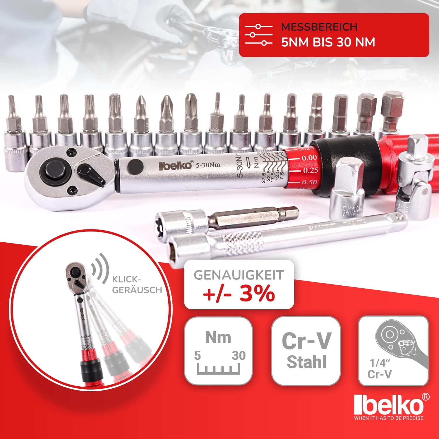 🚗 KFZ & Werkstatt – BELKO Torque Wrench 1/4 Inch, 5-30 Nm, Reversible Ratchet, Ratchet Box, Bicycle & Motorcycle, Includes 3/8 Inch Adapter, Hexagon Socket, Torx, Phillips Bits, Extension and Much More, Set of 22 – Bild 2