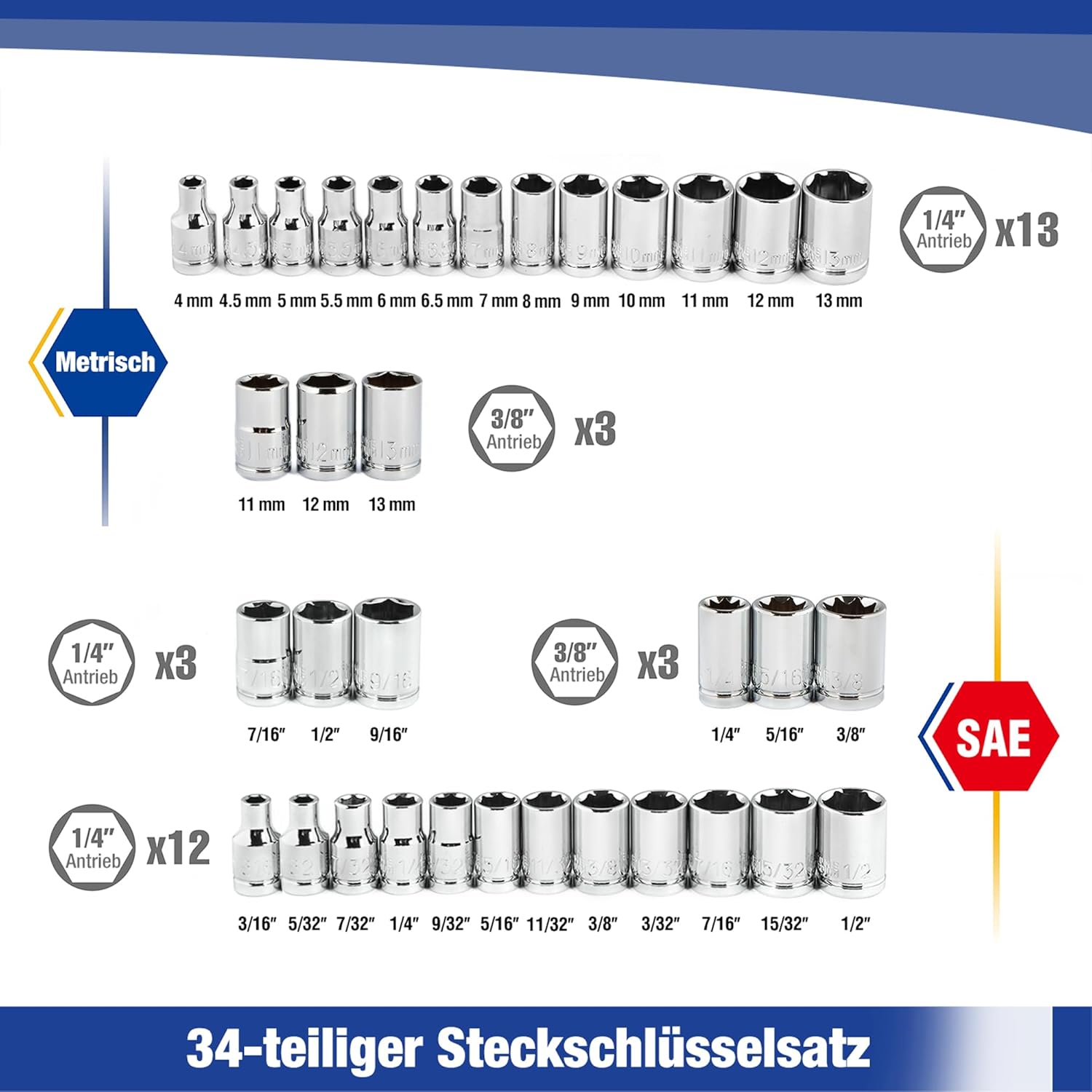 🚗 KFZ & Werkstatt – WORKPRO Socket Spanner Set 39 Pieces Reversible Ratchet 3/8 Inch Ratchet with Quick Release Function Cr-V Socket Spanner with Screwdriver Tool Box for Car – Bild 2