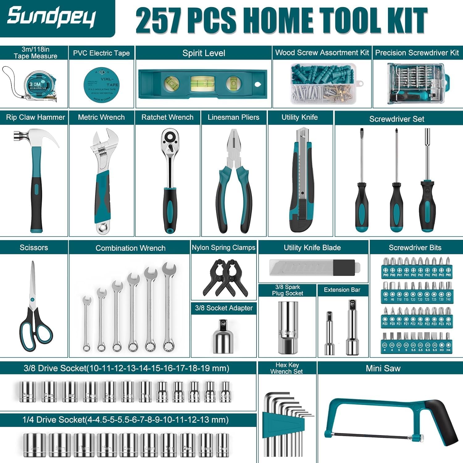 🔥 Angebote & Aktionen – Sundpey 257-Piece Filled Tool Box - Universal Hand Tool Set with Ratchet and Socket Wrench, Portable Complete Tool Box in Blue – Bild 2