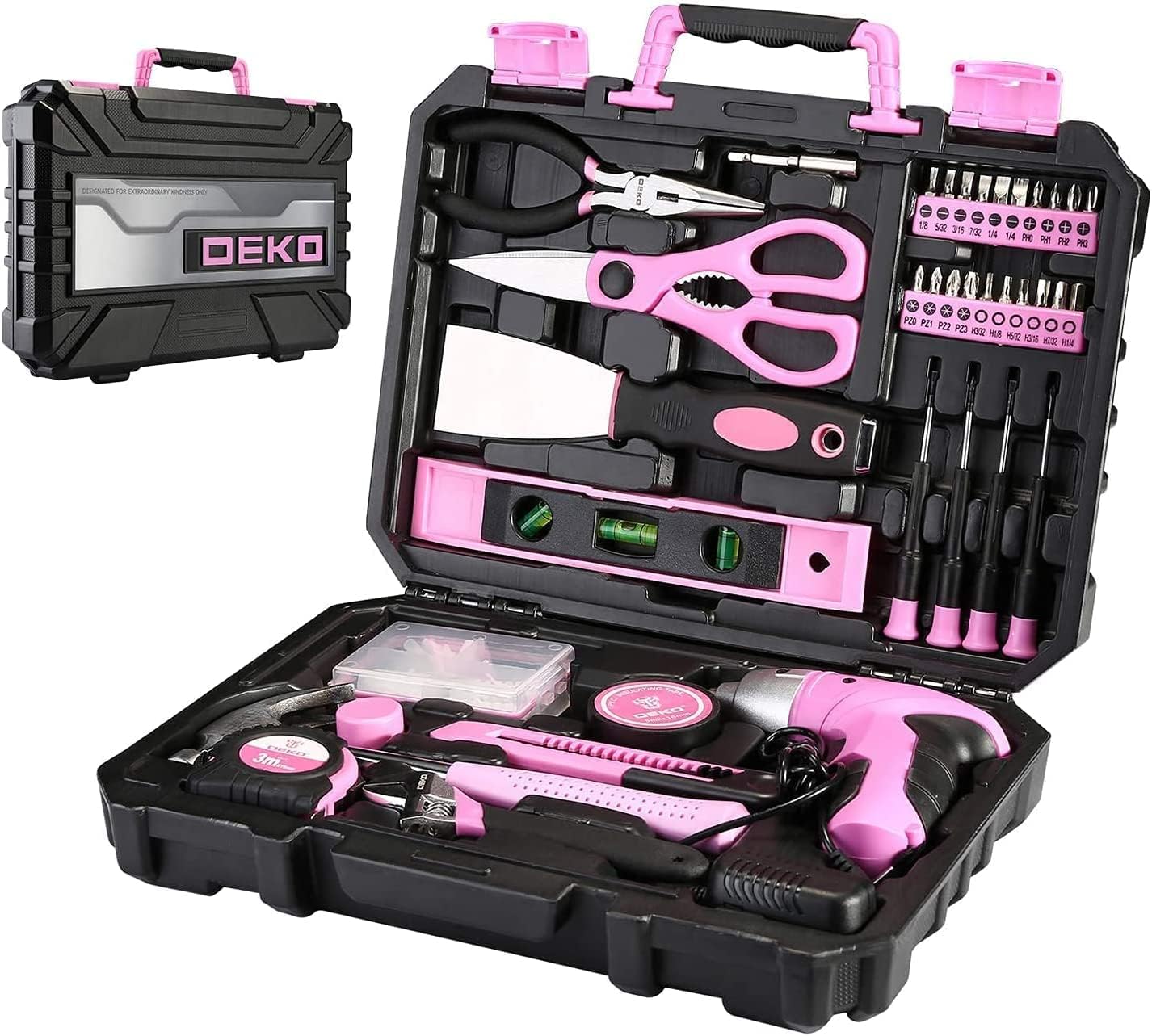 ⚒️ Bau & Montage – DEKO Werkzeugkasten rosa 98-teilig mit wiederaufladbarem 3,6-V-Akkuschrauber. Komplettset aus Haus-, Büro- und Werkstattwartung, Hardware- und Heimwerker-Werkzeugset – Bild 8