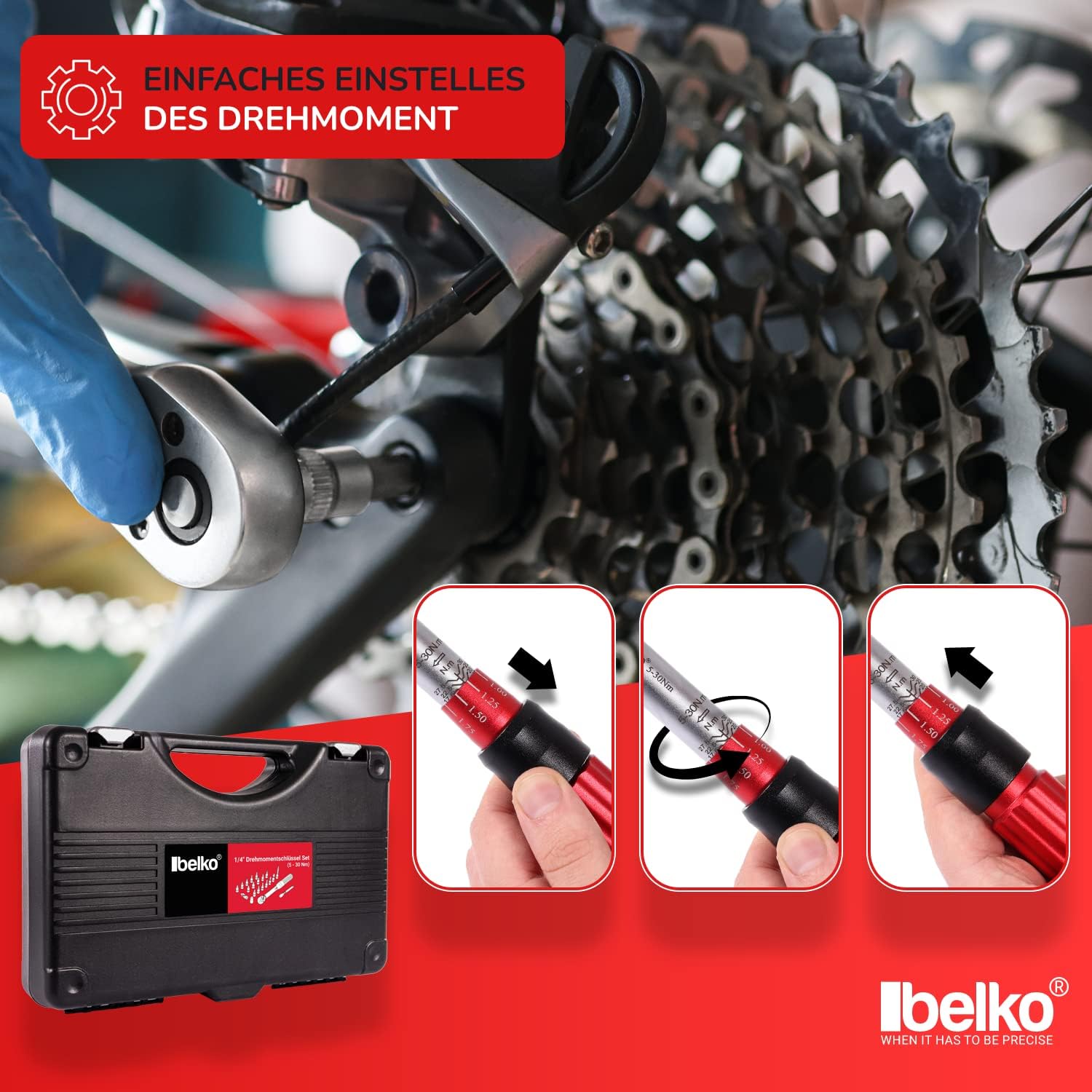 🚗 KFZ & Werkstatt – BELKO Torque Wrench 1/4 Inch, 5-30 Nm, Reversible Ratchet, Ratchet Box, Bicycle & Motorcycle, Includes 3/8 Inch Adapter, Hexagon Socket, Torx, Phillips Bits, Extension and Much More, Set of 22 – Bild 5
