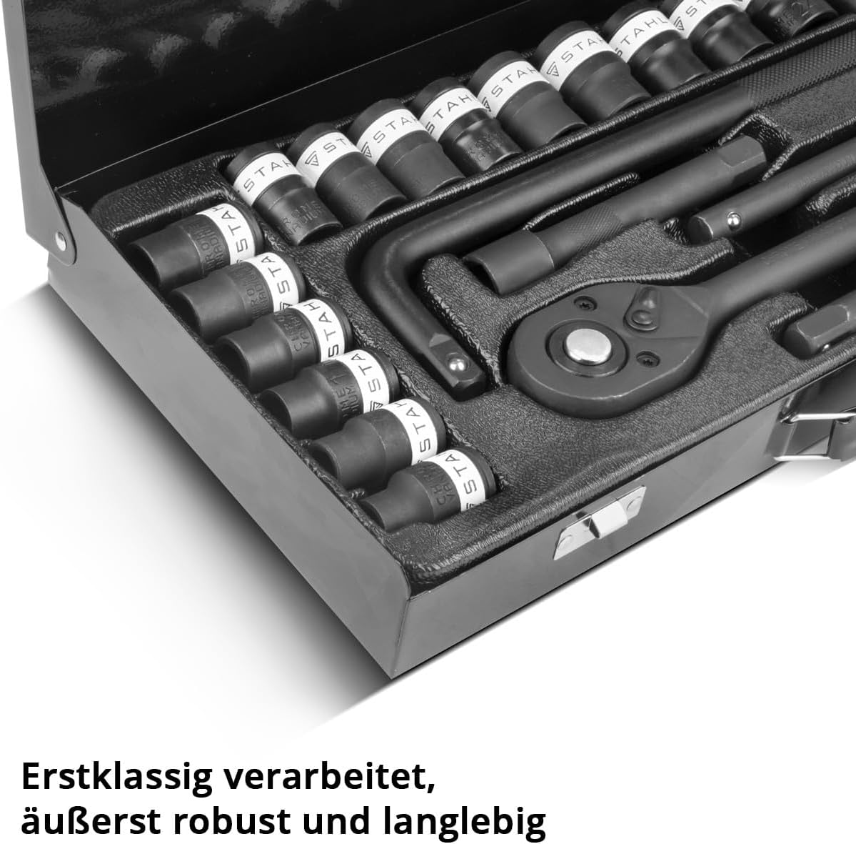 🚗 KFZ & Werkstatt – STAHLWERK Socket Spanner Set 24-Piece Ratchet Box | Socket Set | Socket Set | Ratchet Box | Socket Spanner Box with 1/2 Inch Reversible Ratchet, Sockets and Accessories – Bild 7