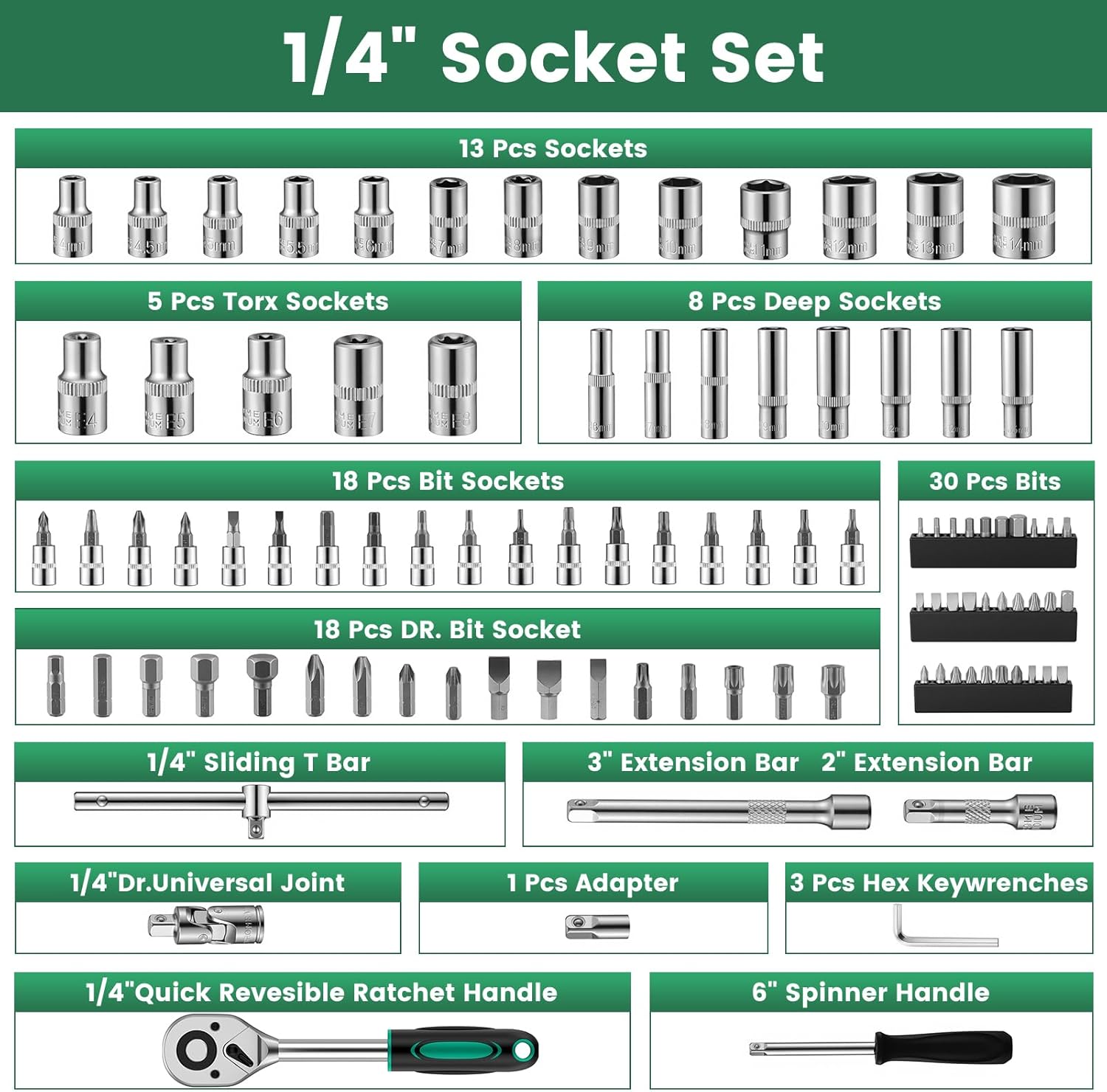 🚗 KFZ & Werkstatt – Ginour 202-piece socket spanner set, tool set with 1/4 inch, 3/8 inch, 1/2 inch reversible ratchet, socket wrench, bits, hex wrenches, extensions and adapters (138 pieces) – Bild 9