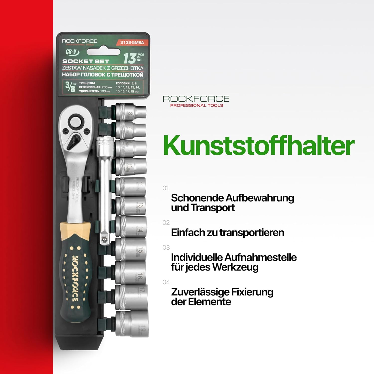 🚗 KFZ & Werkstatt – ROCKFORCE Socket Spanner Set 3/8 Inch, 13-Piece - Ratchet Extension, 11 Nuts 8-19 mm - Professional Tool Set for Car, Motorcycle, Bike, Home & Workshop - Chrome Vanadium Steel in Case – Bild 7