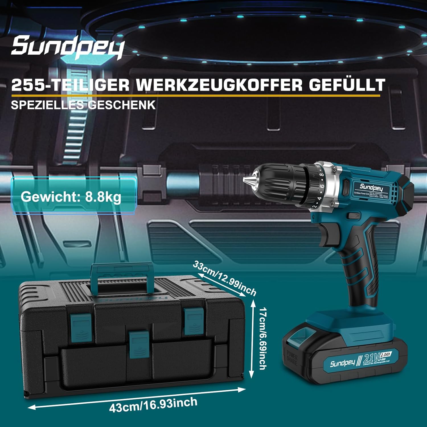 ⚡ Elektro & Technik – Sundpey 255-teiliger Werkzeugkasten mit Akkuschrauber 21 V – Set mit 2 x 2000 mAh Akku, Werkzeugkasten gefüllt für Heim-/Autoreparaturen, Werkzeugkasten-Aufbewahrungskoffer mit Schublade – Bild 7