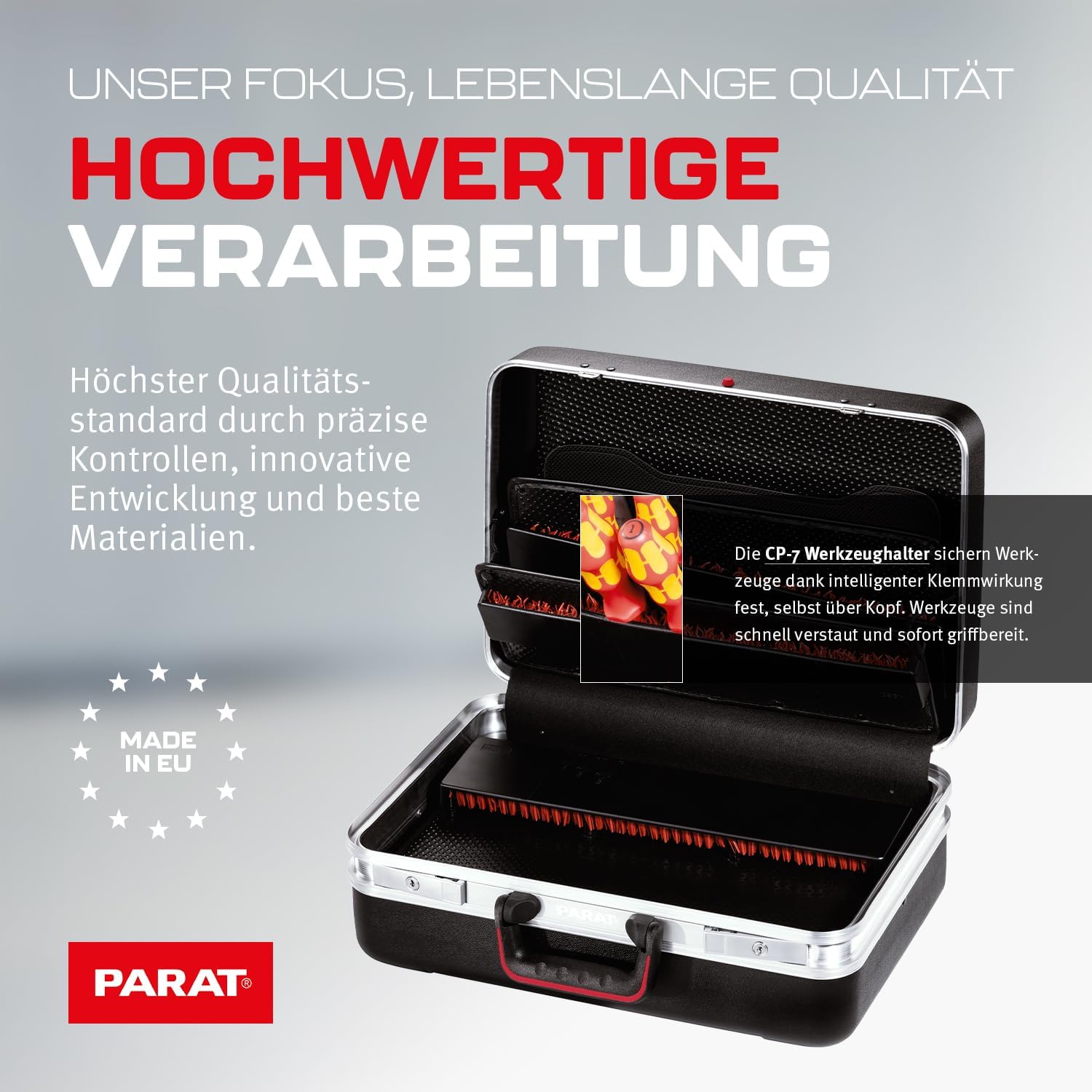 ⚡ Elektro & Technik – PARAT Classic Plus CP-7 | Werkzeugkasten für 51 Werkzeuge | Inklusive Basic Roll-Up Case 8 | Bastelkoffer mit CP-7-Haltern | Werkzeugkasten mit Bodenablage und Dokumentenfach | Mit Aluminiumrahmen – Bild 3
