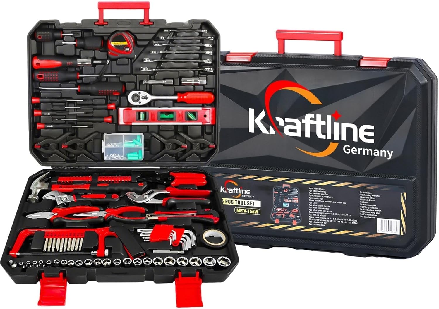 ⚒️ Bau & Montage – Werkzeugkoffer gefüllt 156-teilig, Werkzeugset komplett ausgestattet für Heimwerker & Auto, Werkzeugkoffer Werkzeugkasten, Universalwerkzeuge, Edelstahl-Werkzeugsets für Werkstatt und Haushalt in Schwarz