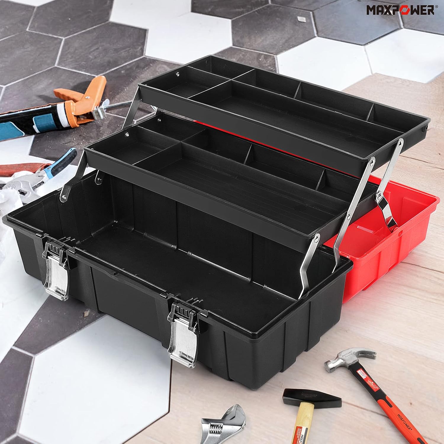 ⚒️ Bau & Montage – MAXPOWER Werkzeugkoffer leer, großer Werkzeugkasten mit 3 Schubladen, Werkzeugkasten 42 x 18 x 17 cm mit Metallverschluss, Werkzeugkasten aus schlagfestem Kunststoff für Hobby, Heimwerker – Bild 4