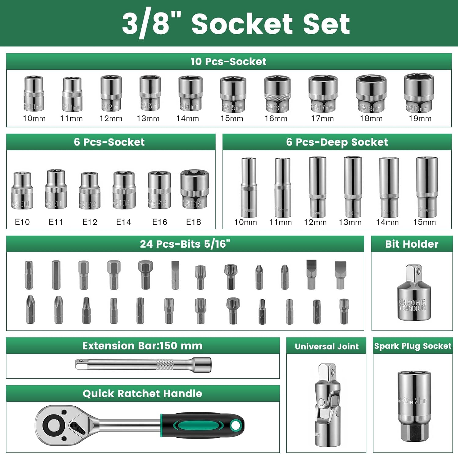 🚗 KFZ & Werkstatt – Ginour 202-piece socket spanner set, ratchet box with 1/4 inch, 3/8 inch, 1/2 inch reversible ratchet, socket wrench, bits, hex wrenches, extensions and adapters – Bild 9